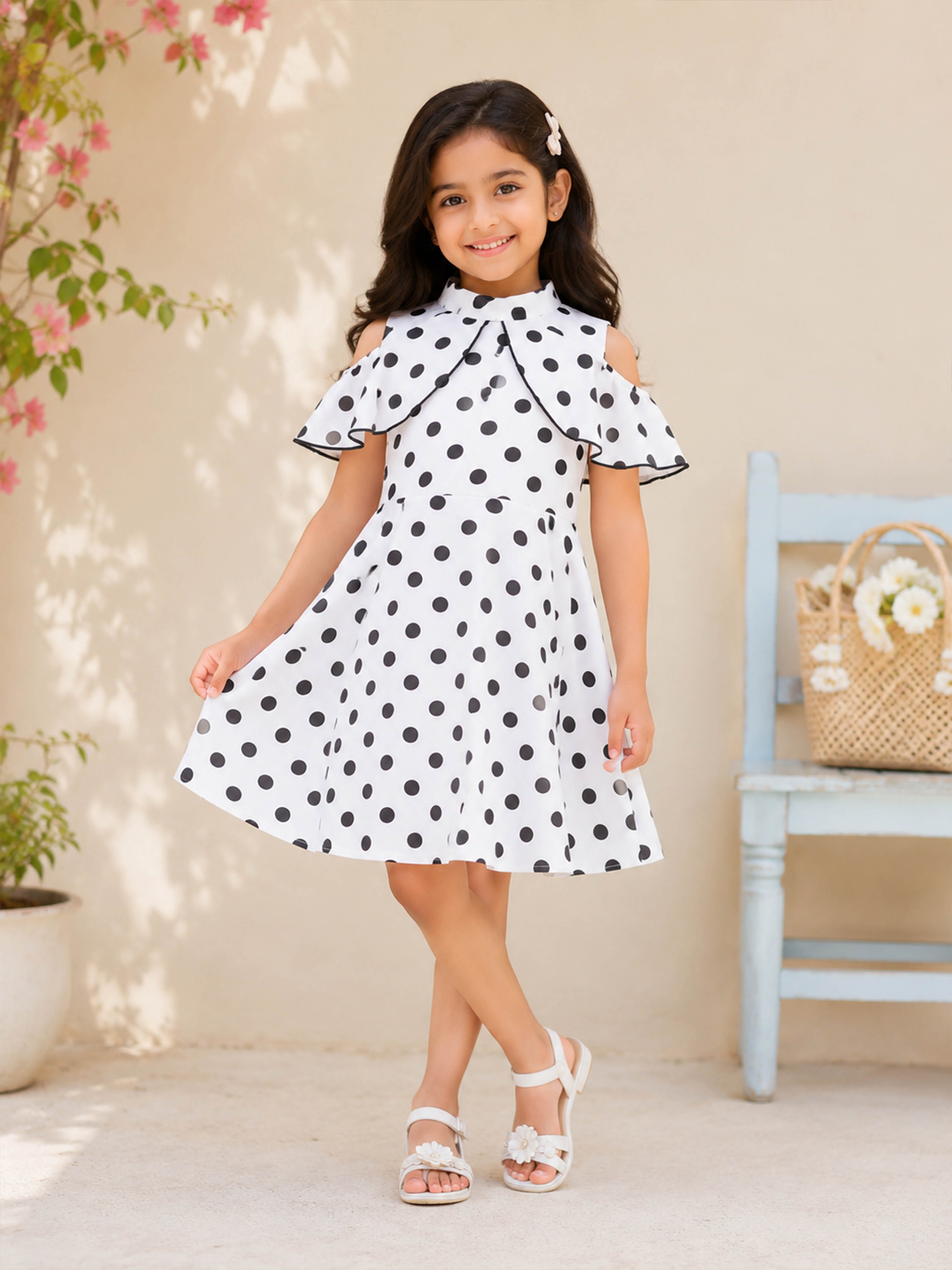 Kiddopanti Girls Rayon Woven Could Shoulder Sleeves Floral Polka Dots Printed Halter Neck Dress