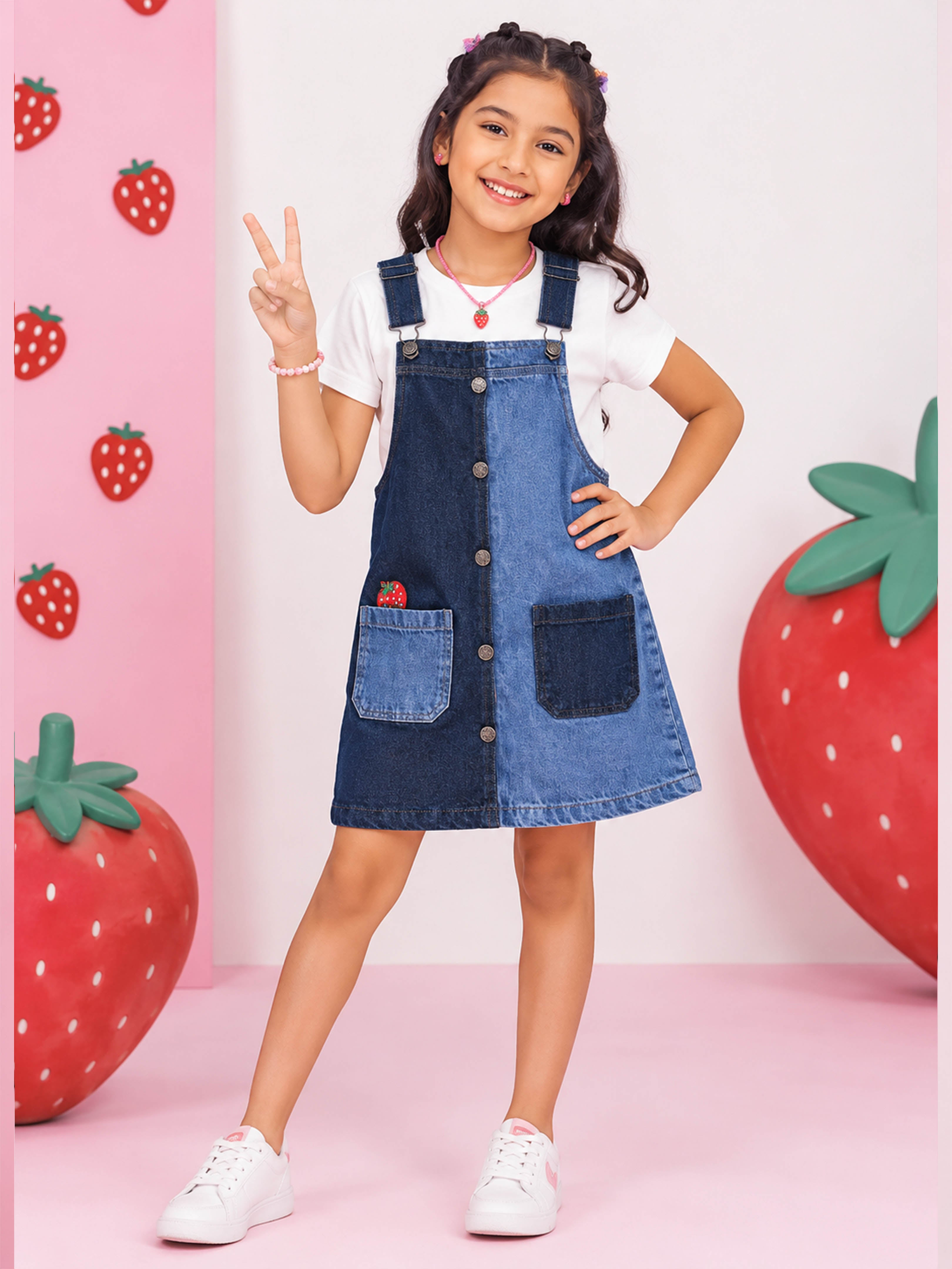 Kiddopanti Girls Denim Woven Self Design Dungaree Skirt