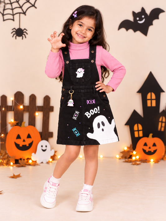 Kiddopanti Girls Denim Woven Boo Ghost Halloween Graphic Pinafore Dungaree Dress