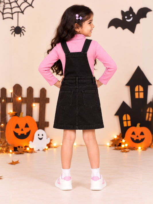 Kiddopanti Girls Denim Woven Boo Ghost Halloween Graphic Pinafore Dungaree Dress