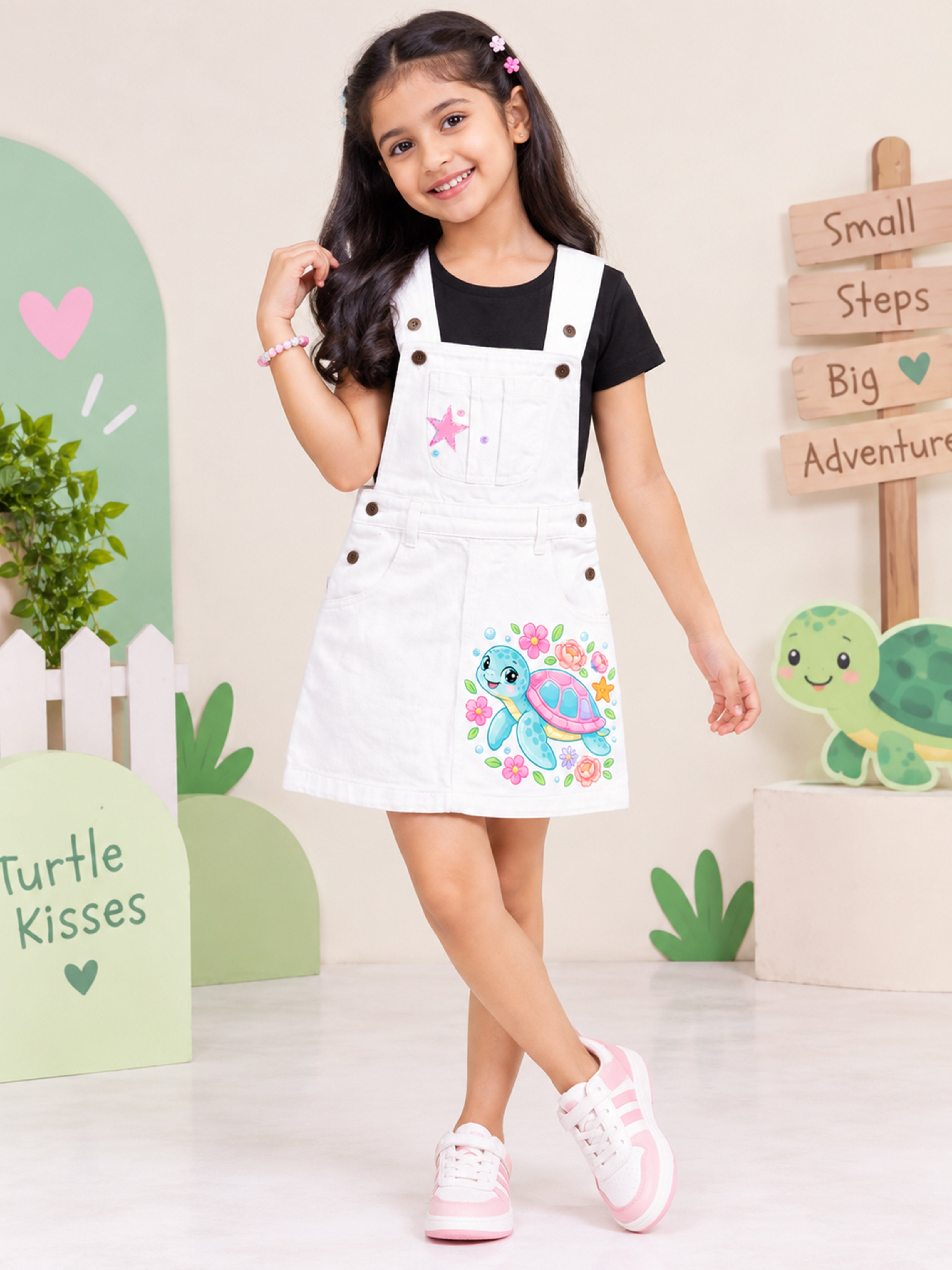 Kiddopanti Girls Denim Woven Graphic Pinafore Dungaree Dress