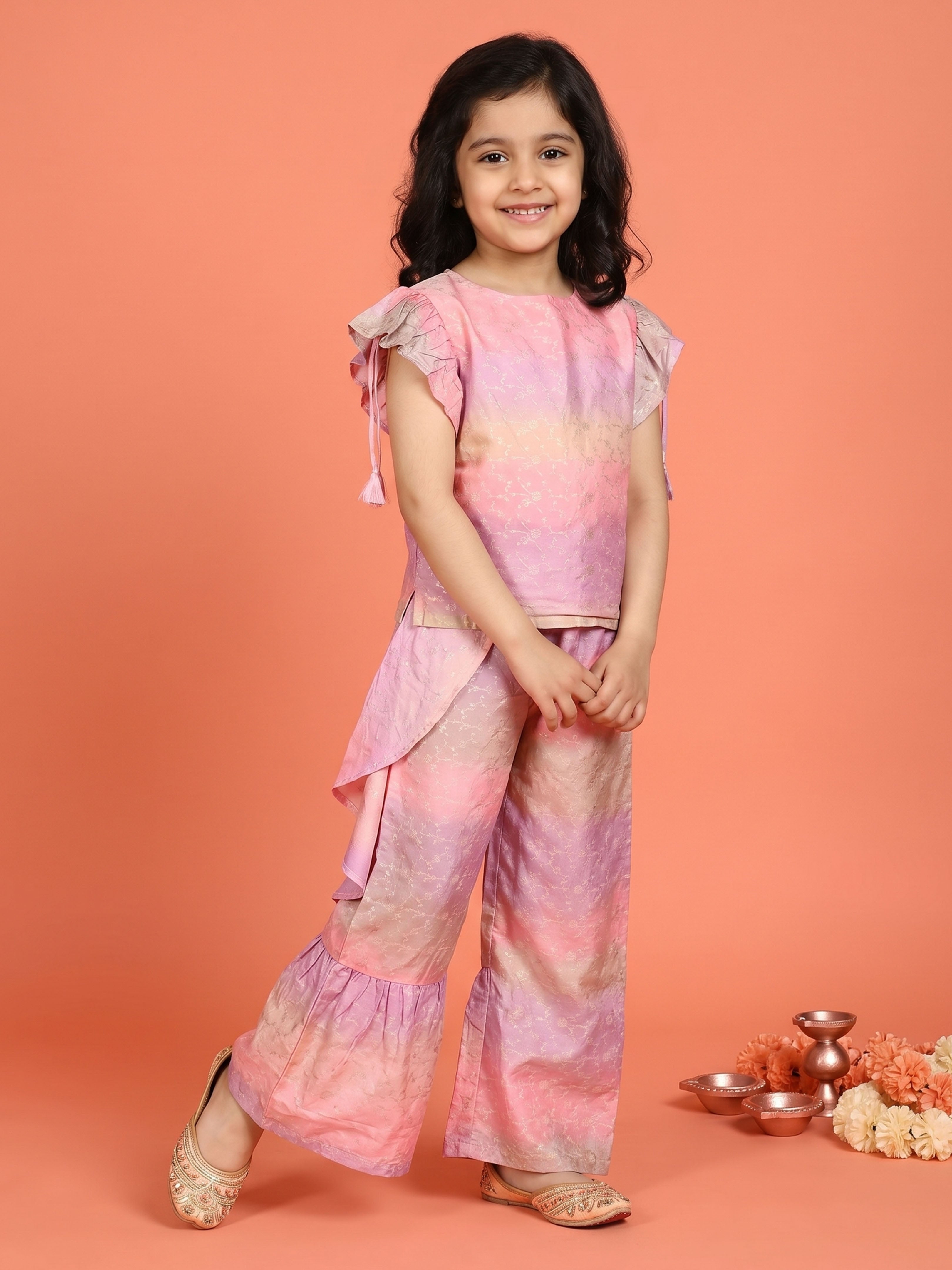 Kiddopanti Girls Polyester Woven Frill Sleeves Tie And Die Printed Top & Palazzo Pant Set