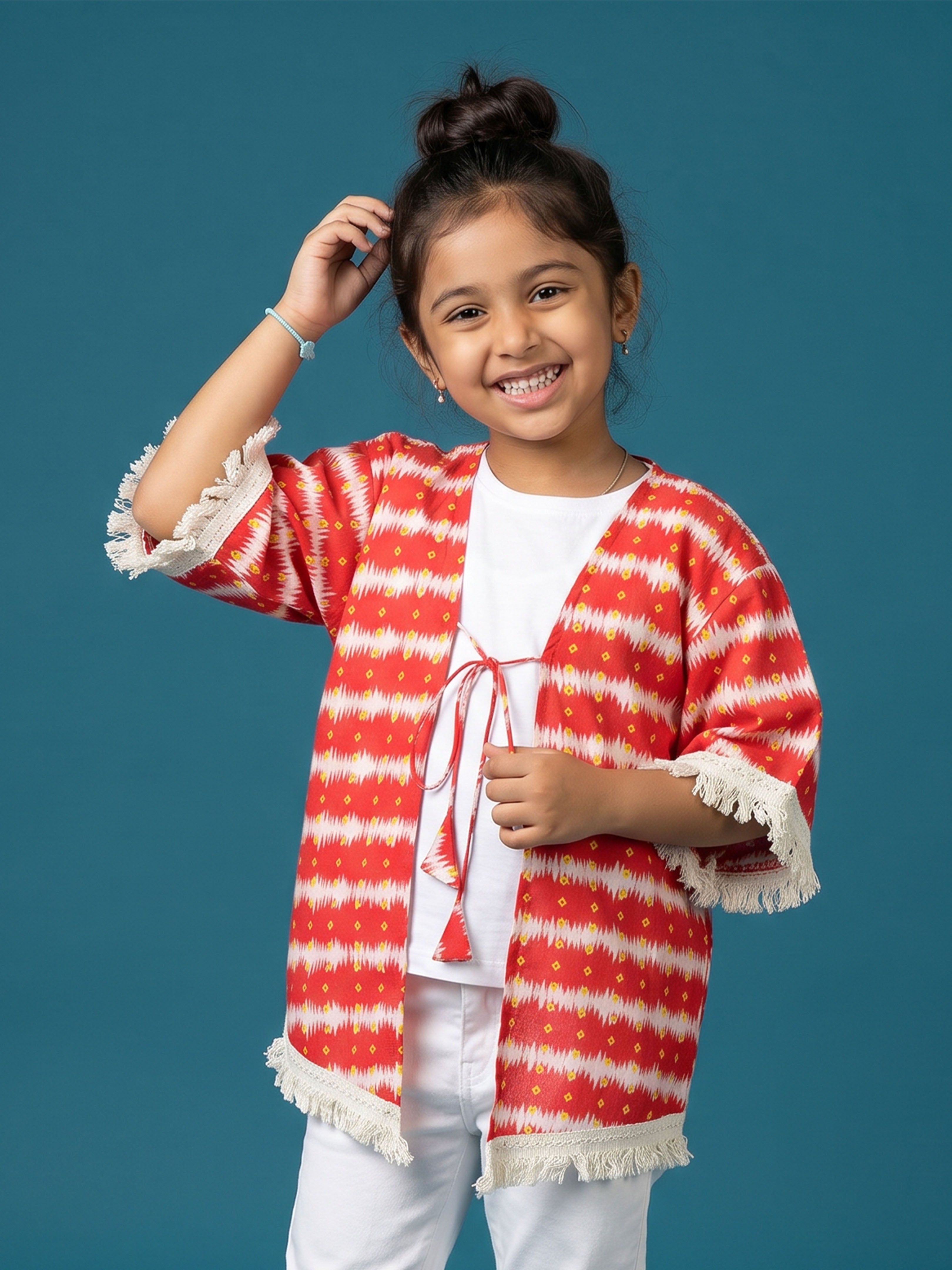 Kiddopanti Girls Cotton Woven 3/4th Sleeves Chevron Stripes Kaftan Lace Shrug