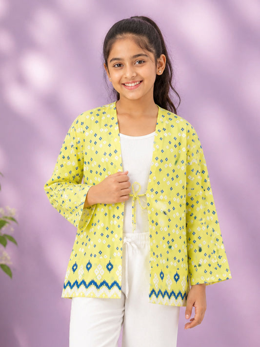 Kiddopanti Girls Cotton Woven 3/4th Sleeves Chevron Printed Ethnic Tie up Shrug
