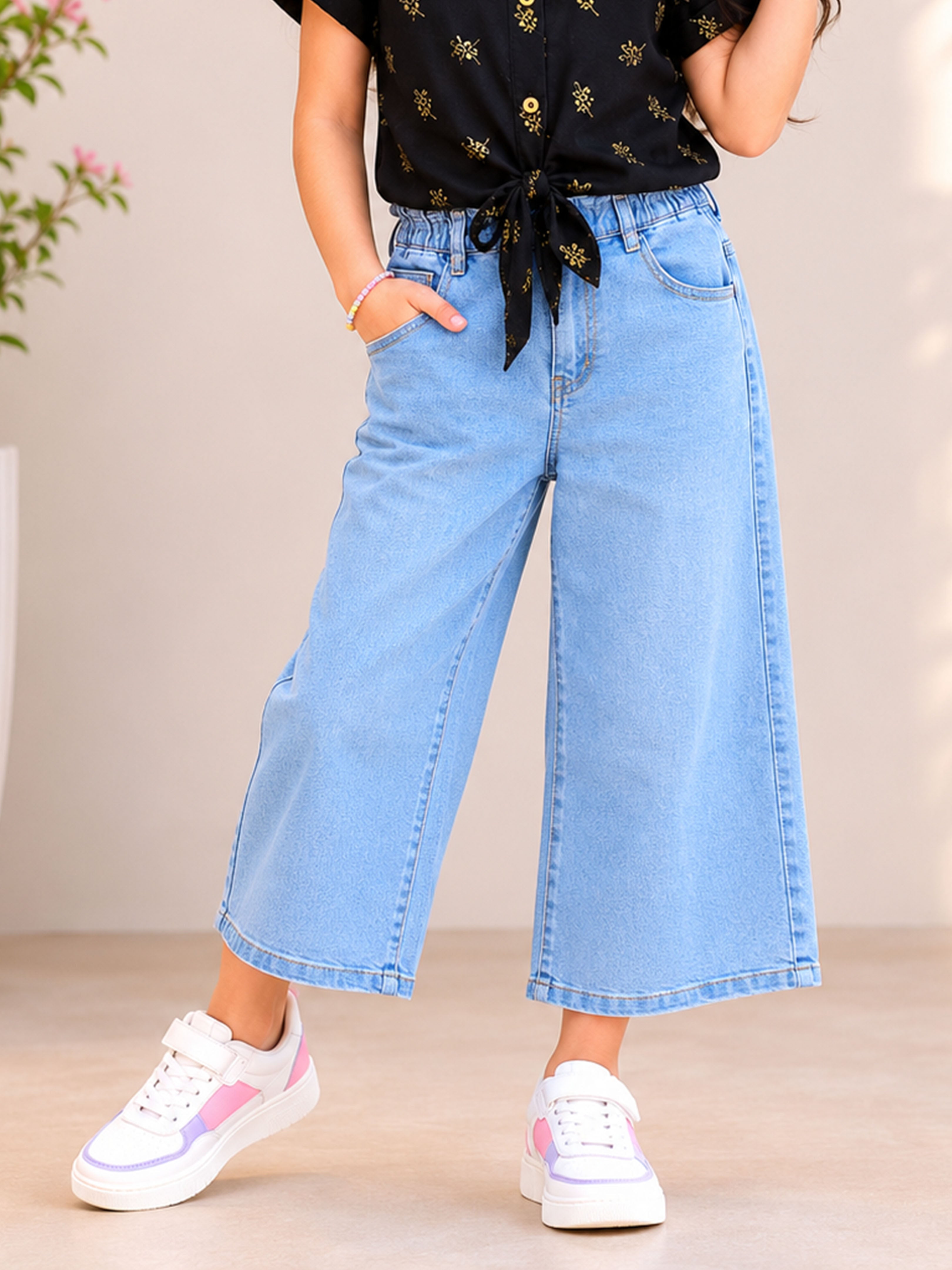 Kiddopanti Girls Denim Woven Solid Baggy Fit Wide Leg Denim Jeans Pants