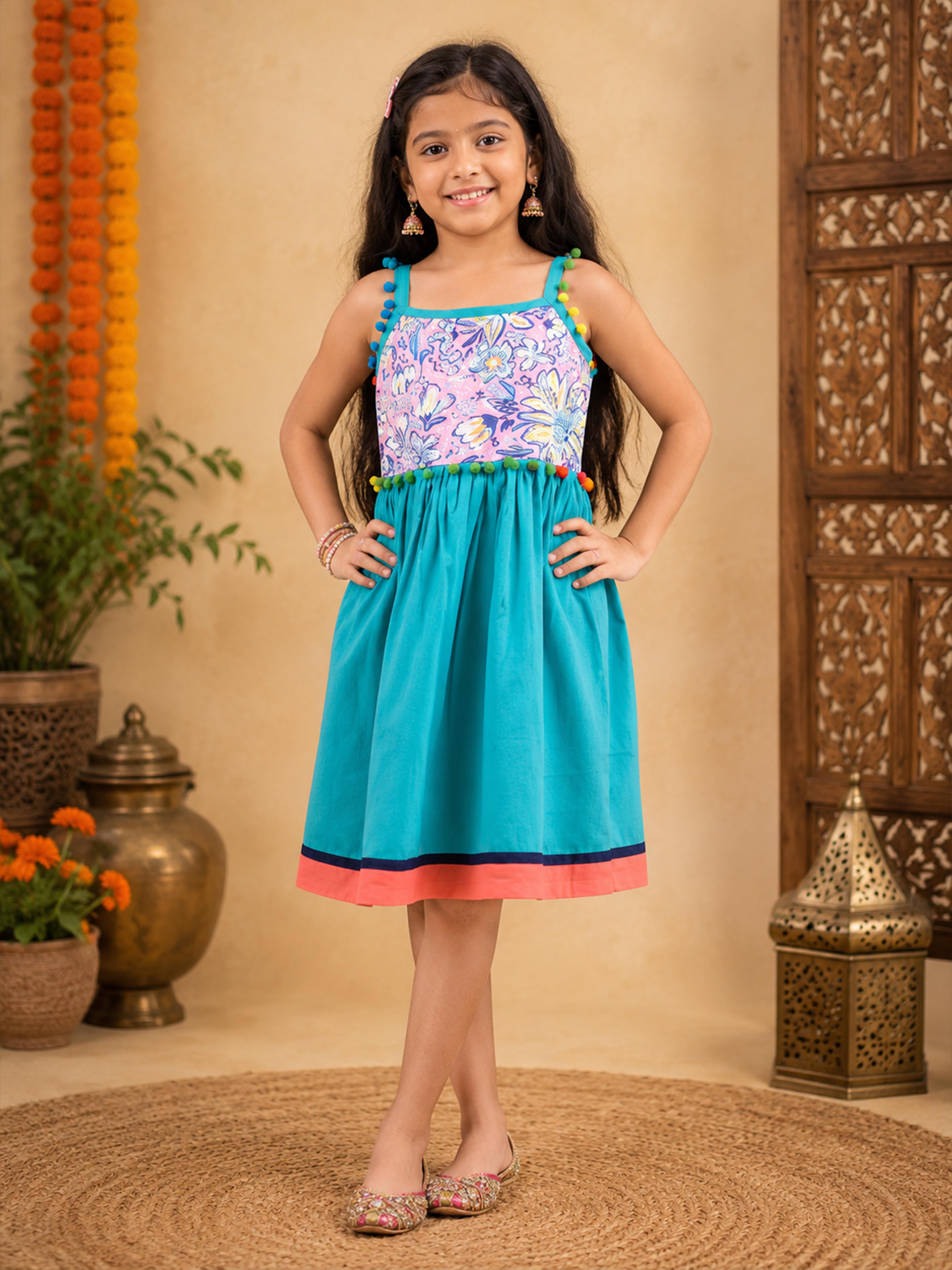 Kiddopanti Girls Cotton Knit Sleeveless Floral Printed Strap Dress