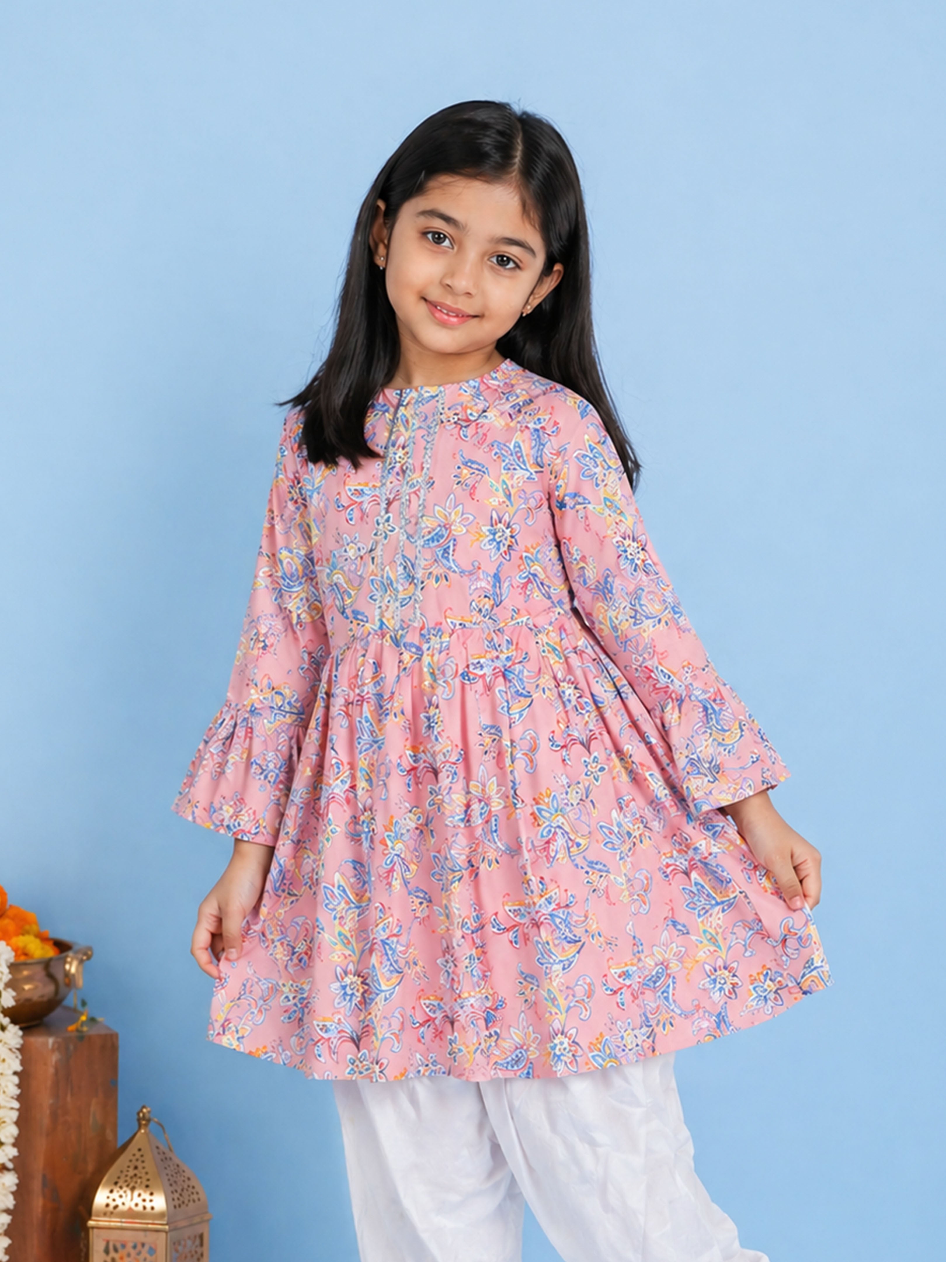 Kiddopanti Girls Rayon Woven Full Sleeves Floral Printed Empire Kurta