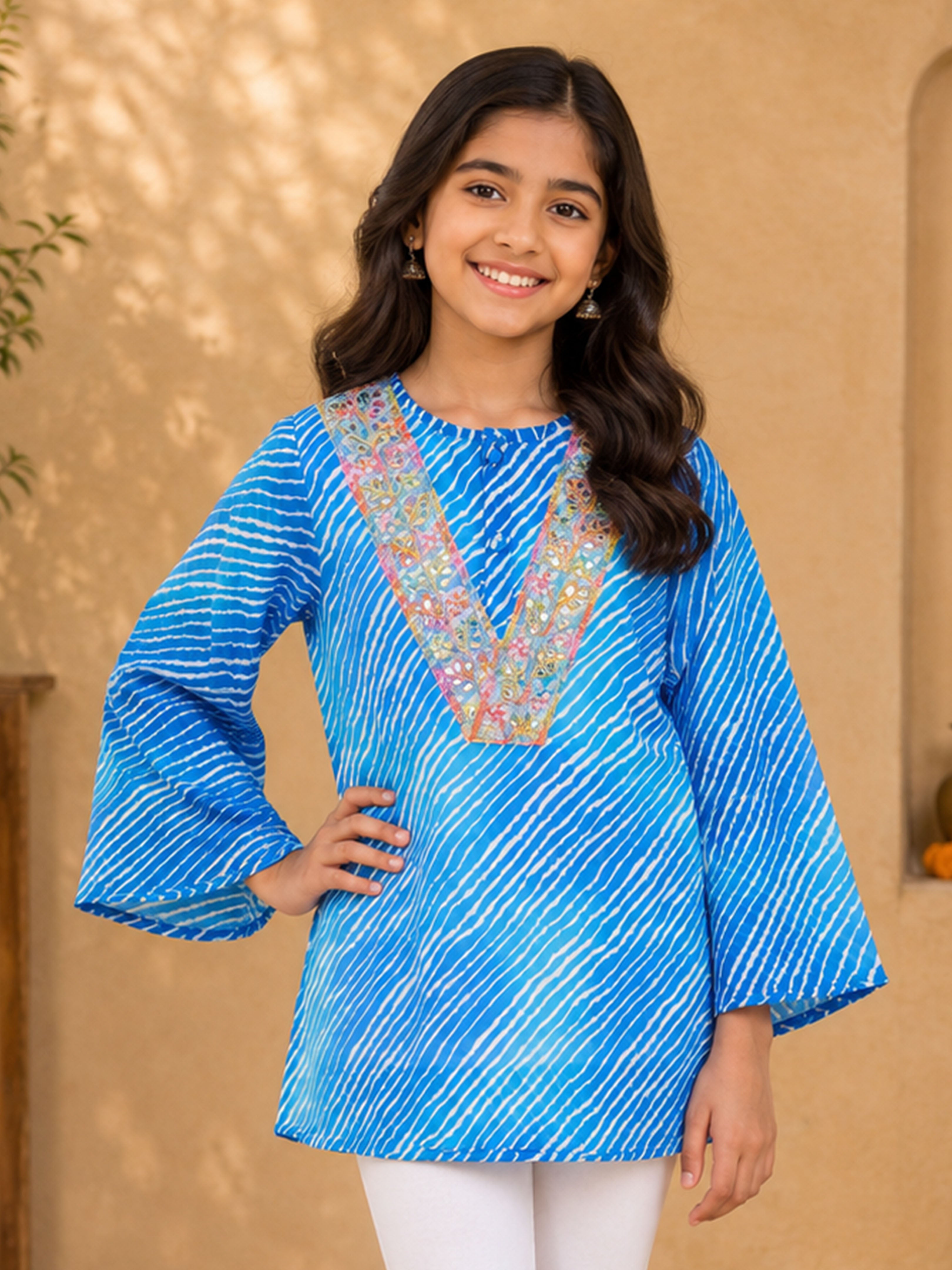 Kiddopanti Girls Polyester Georgette Leheriya Print Kurta with Embroidered Yoke Lace