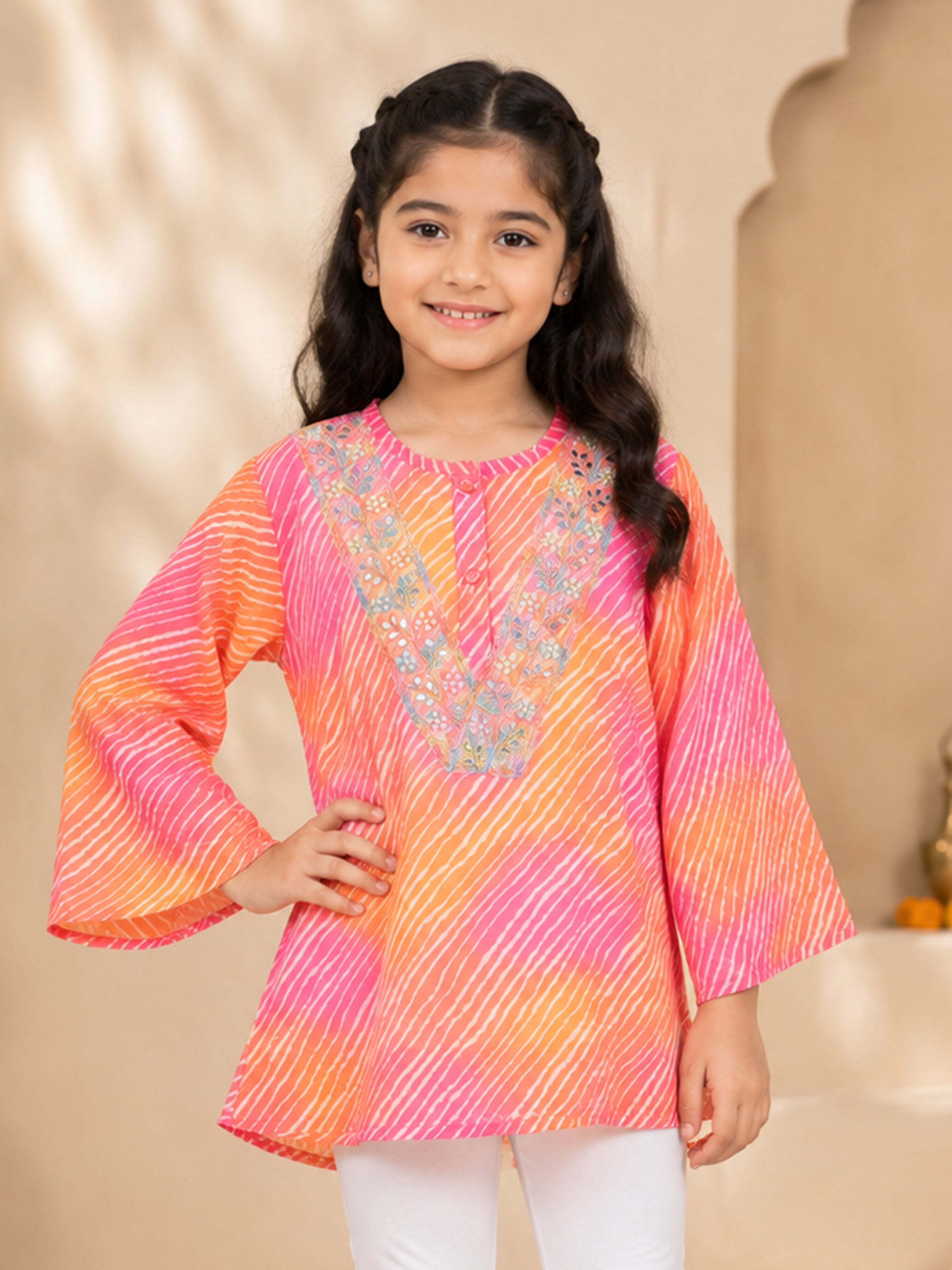 Kiddopanti Girls Polyester Georgette Leheriya Print Kurta with Embroidered Yoke Lace