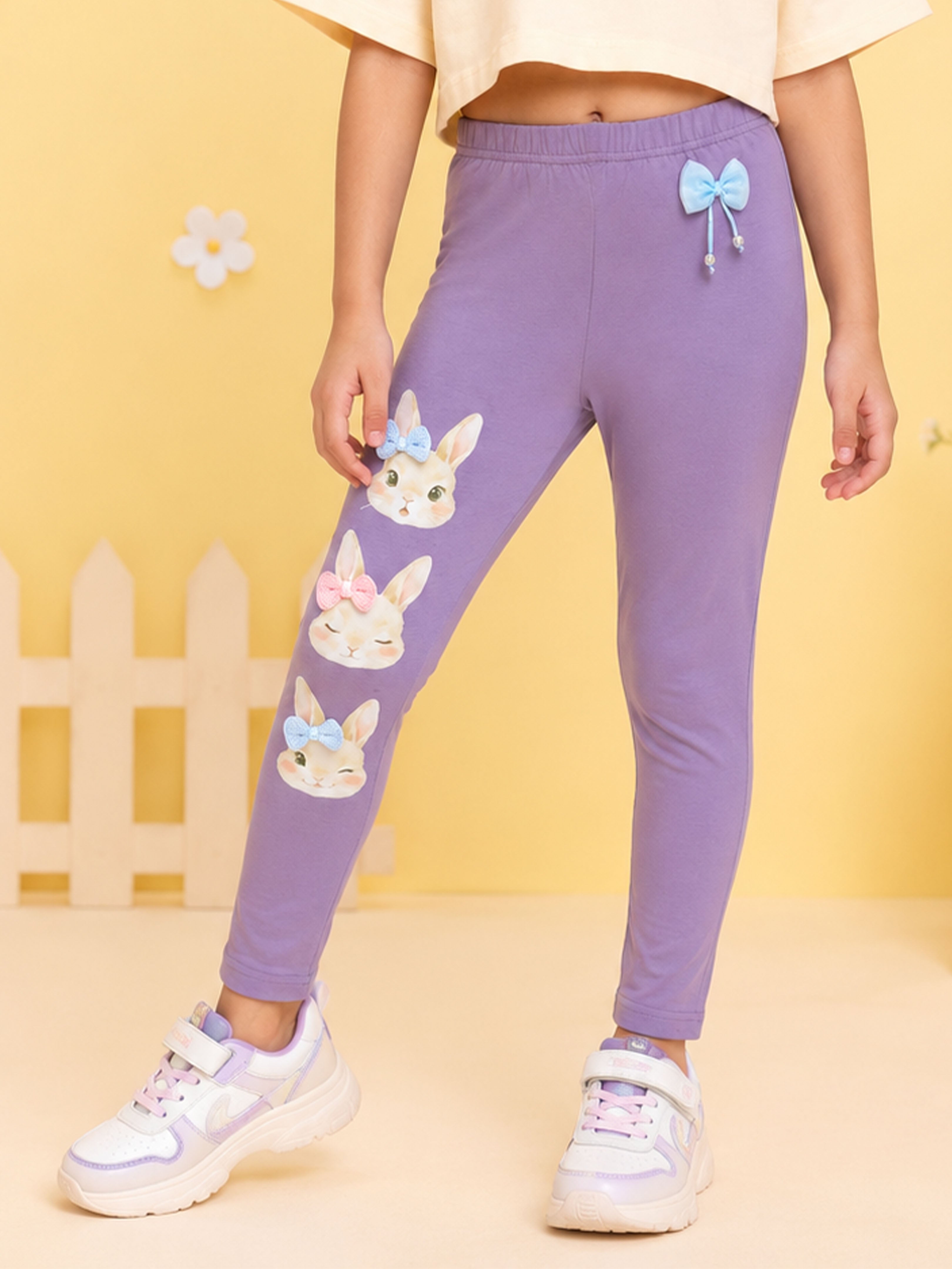 Kiddopanti Girls Cotton Spandex Floral Applique & Pearl Embellished Ankle Length Leggings