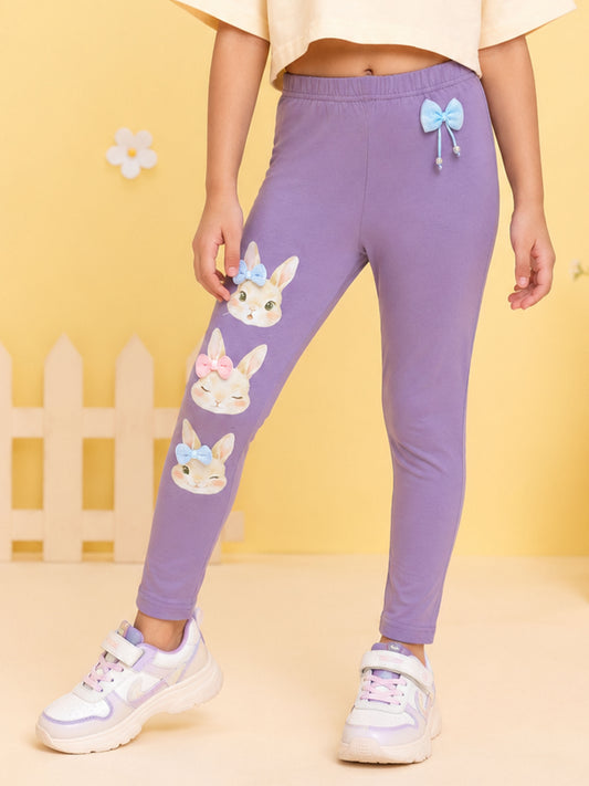 Kiddopanti Girls Cotton Spandex Floral Applique & Pearl Embellished Ankle Length Leggings
