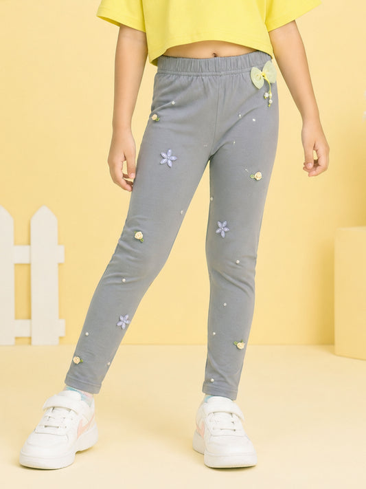 Kiddopanti Girls Cotton Spandex Floral Applique & Pearl Embellished Ankle Length Leggings