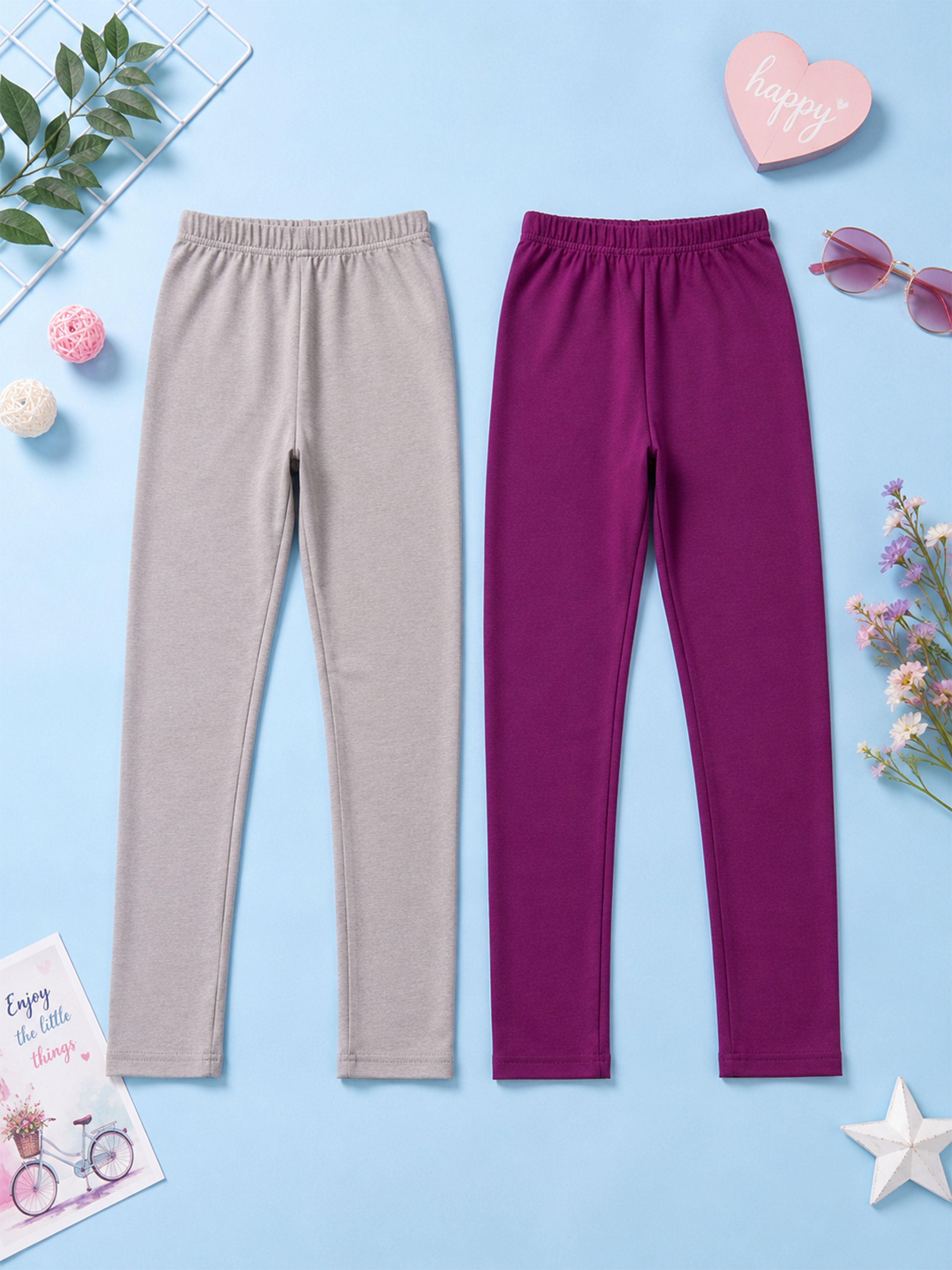 Kiddopanti Girls Cotton Spandex Solid Skinny Fit Ankle Length Leggings Pack of 2