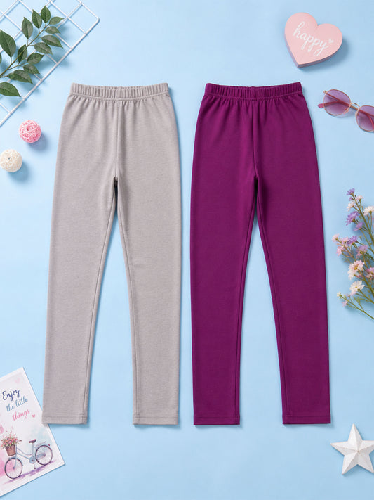 Kiddopanti Girls Cotton Spandex Solid Skinny Fit Ankle Length Leggings Pack of 2