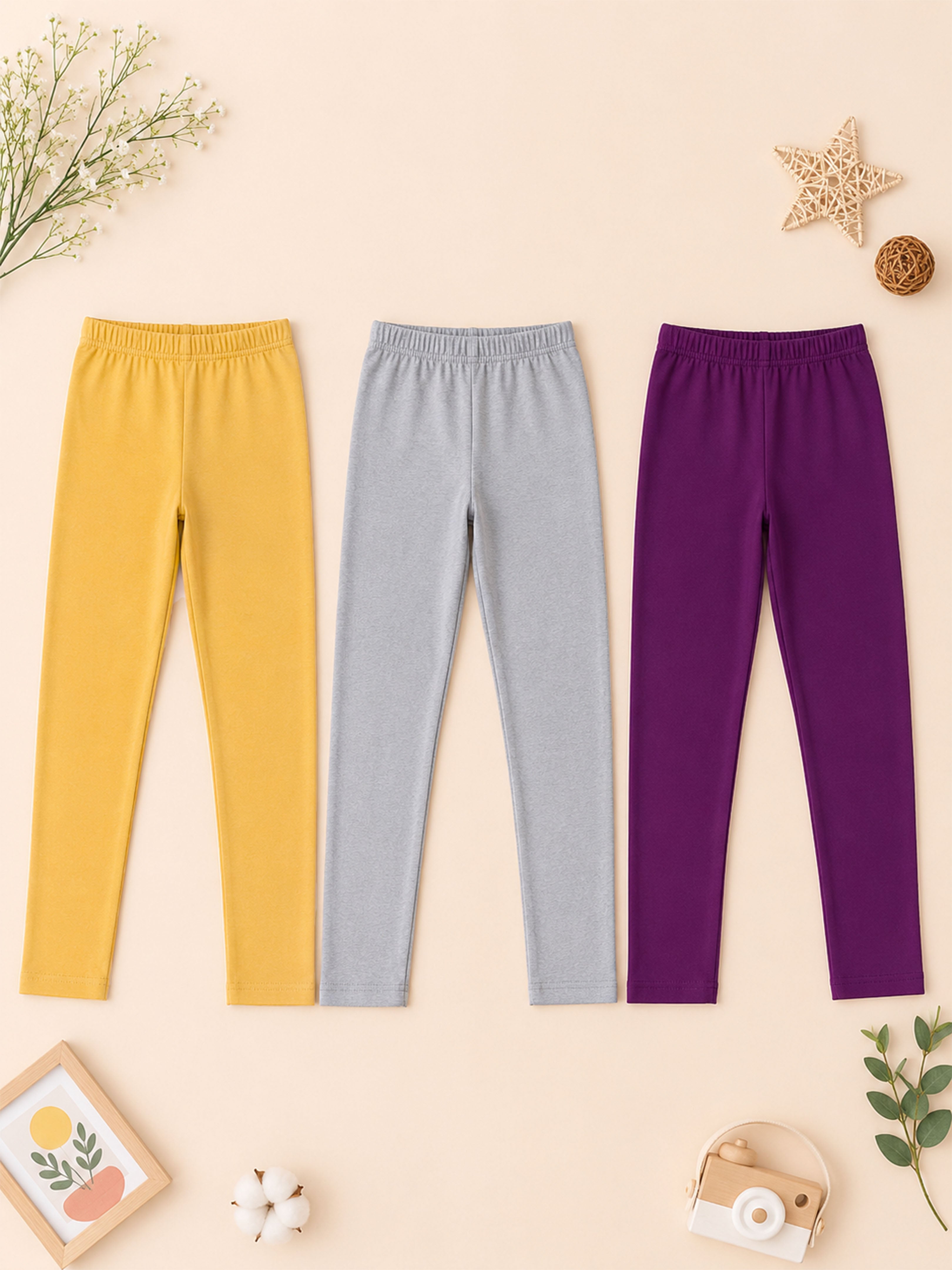Kiddopanti Girls Cotton Spandex Solid Skinny Fit Ankle Length Leggings Pack of 3