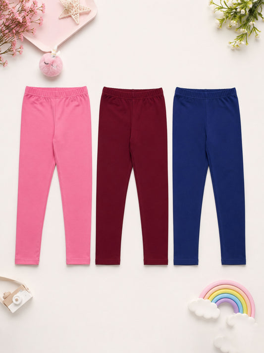 Kiddopanti Girls Cotton Spandex Solid Knitted Ankle Length Tight Fit Legging Pack of 3