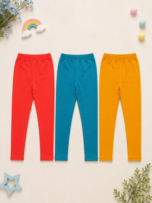Kiddopanti Girls Cotton Spandex Solid Knitted Ankle Length Tight Fit Legging Pack of 3