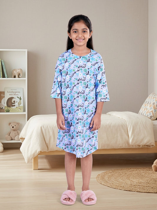 Kiddopanti Girls Cotton Knit Floral Printed Night Dress