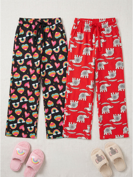 Kiddopanti Girls Cotton Graphic All Over Printed Wide Leg Pyjama Pants Pack of 2