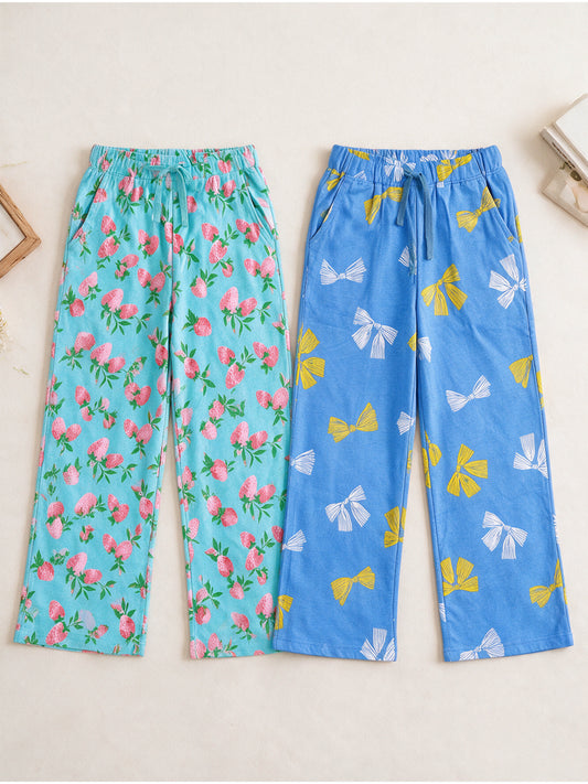 Kiddopanti Girls Cotton Graphic All Over Printed Wide Leg Pyjama Pants Pack of 2