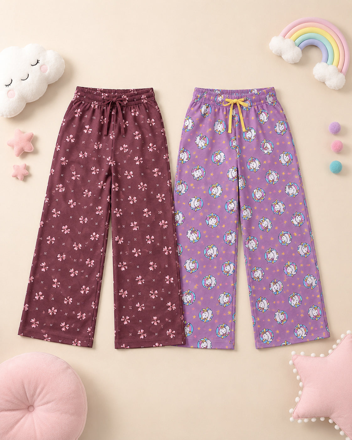 Kiddopanti Girls Cotton All-Over Graphic Printed Pyjama Pant Pack of 2