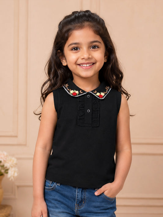Kiddopanti Girls Cotton Knit Sleeveless Racerback Floral Embellished Polo Top