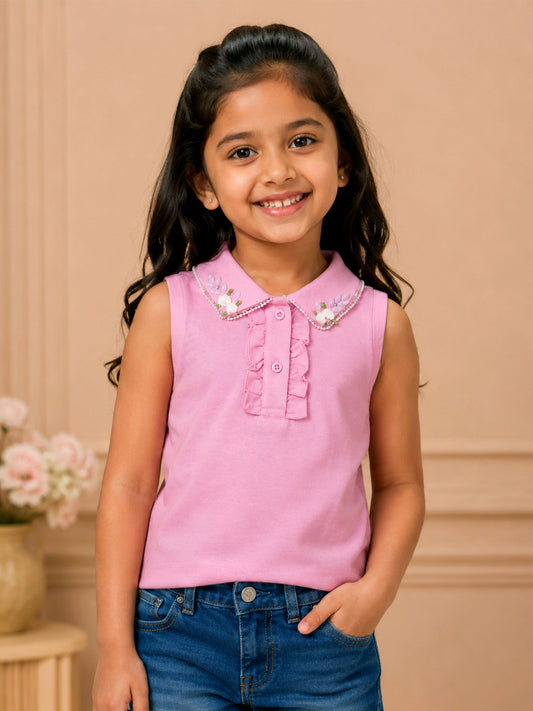 Kiddopanti Girls Cotton Knit Sleeveless Racerback Floral Embellished Polo Top