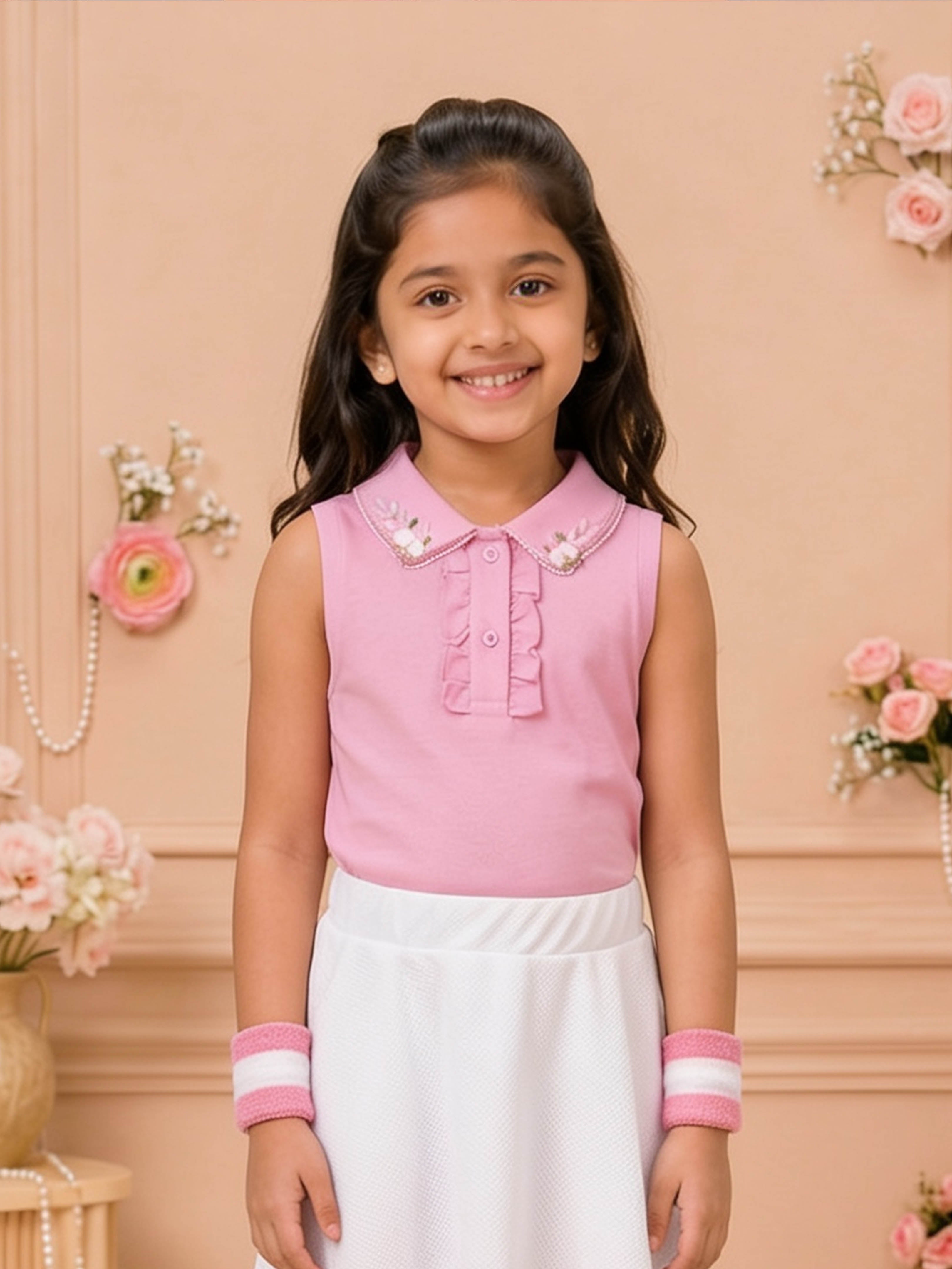 Kiddopanti Girls Cotton Knit Sleeveless Racerback Floral Embellished Polo Top