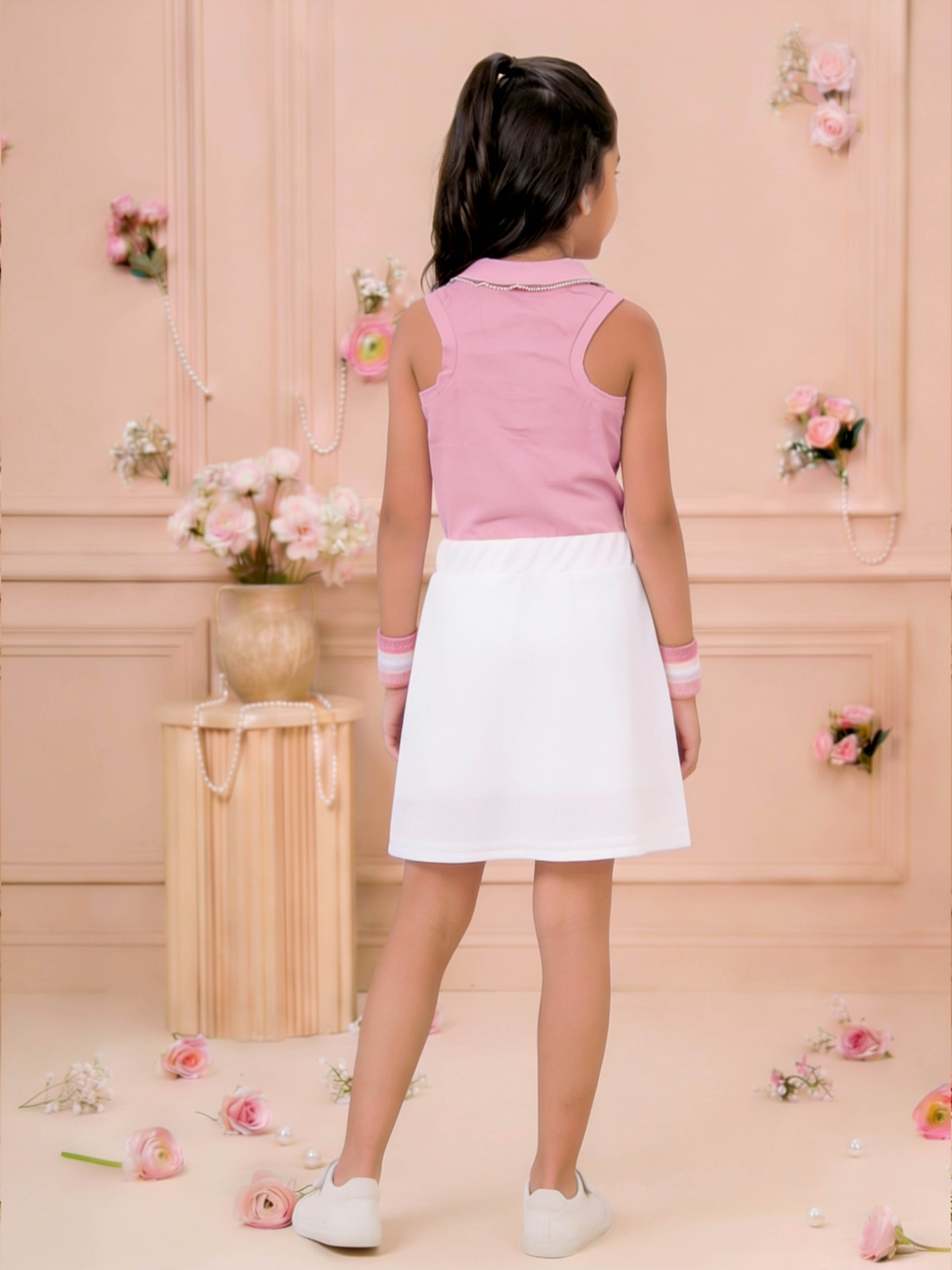 Kiddopanti Cotton Knit Sleeveless Floral Embellished Racerback Polo T-shirt & Flared Skort Set