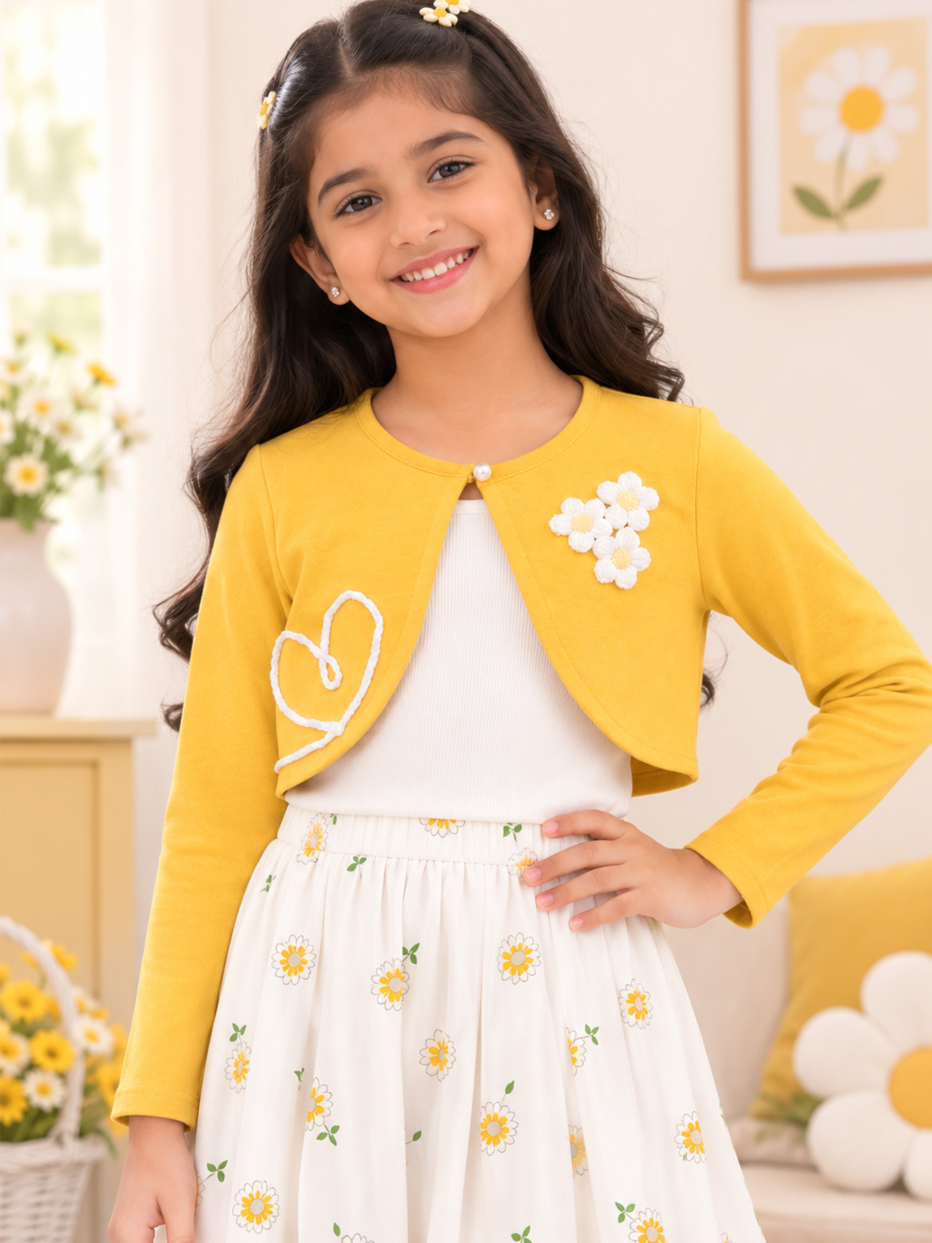 Kiddopanti Girls Fleece Full Sleeves Crop Shrug with Embellishment & Applique
