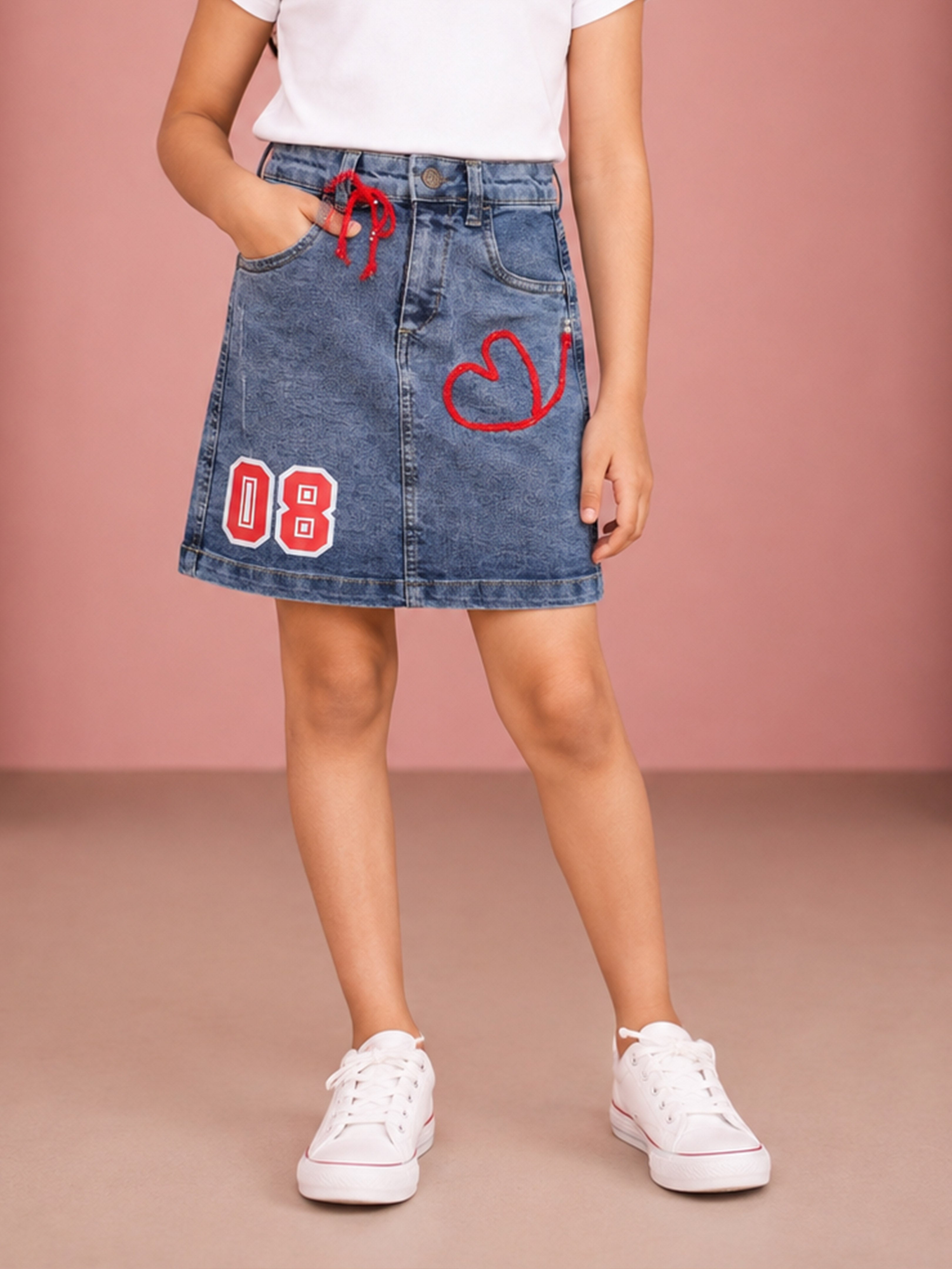 Kiddopanti Girls Denim Woven Red Crochet Heart With Bow And Aplique Detailed Skirt