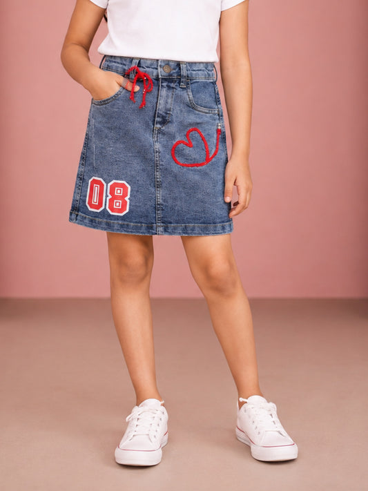 Kiddopanti Girls Denim Woven Red Crochet Heart With Bow And Aplique Detailed Skirt