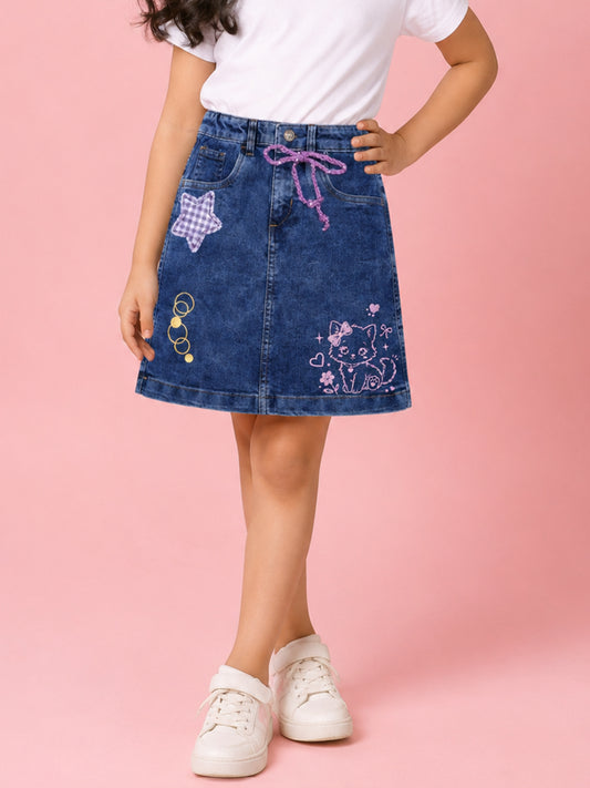 Kiddopanti Girls Denim Woven Red Crochet Heart With Bow And Aplique Detailed Skirt