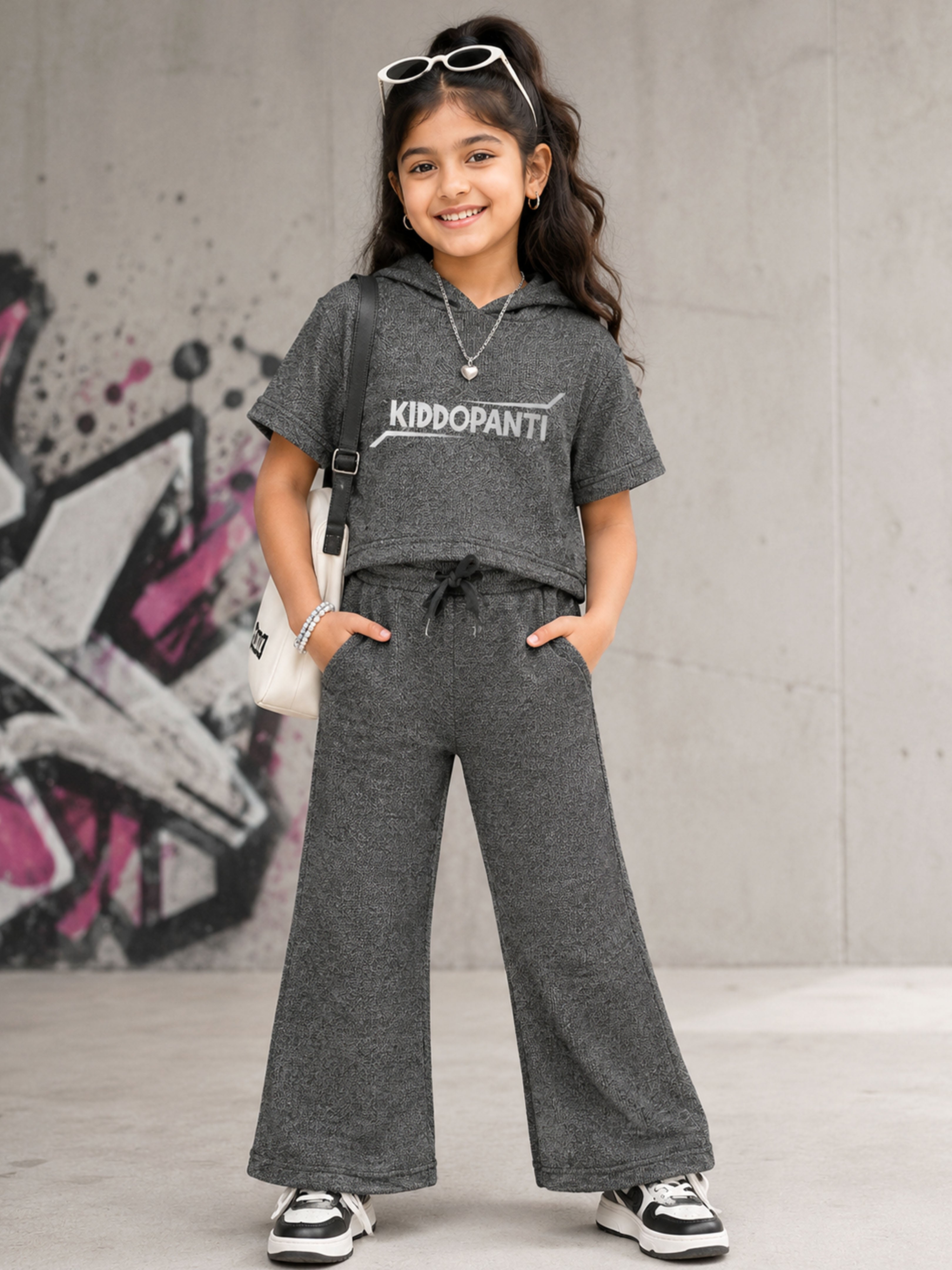 Kiddopanti Girls Cotton Knit Half Sleeves Kiddopanti Printed Hooded Sweatshirt & Flared Pant Coordinate Set