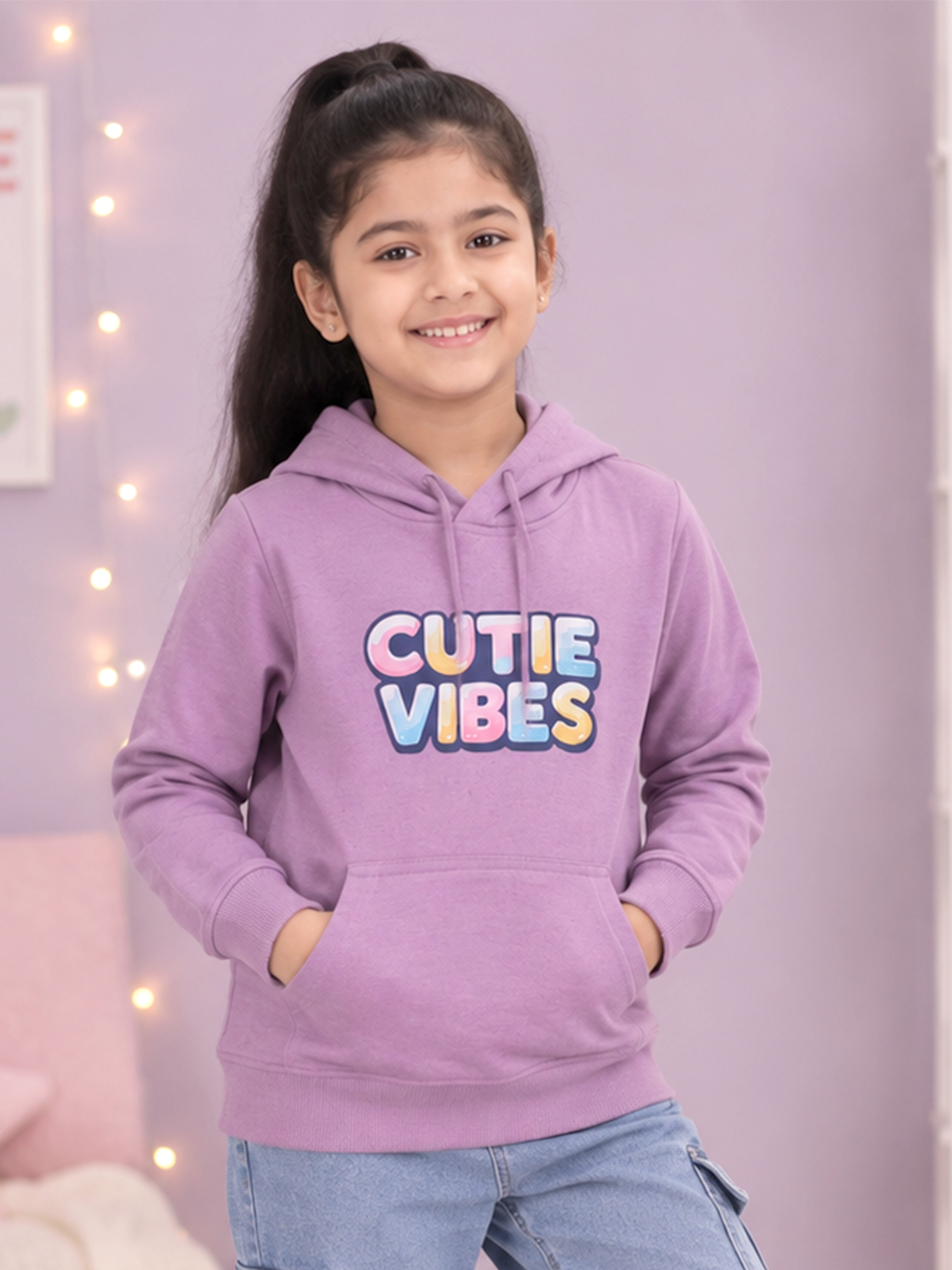Kiddopanti Girls Cotton Fleece Full Sleeves Graphic Printed Hooded Sweatshirt