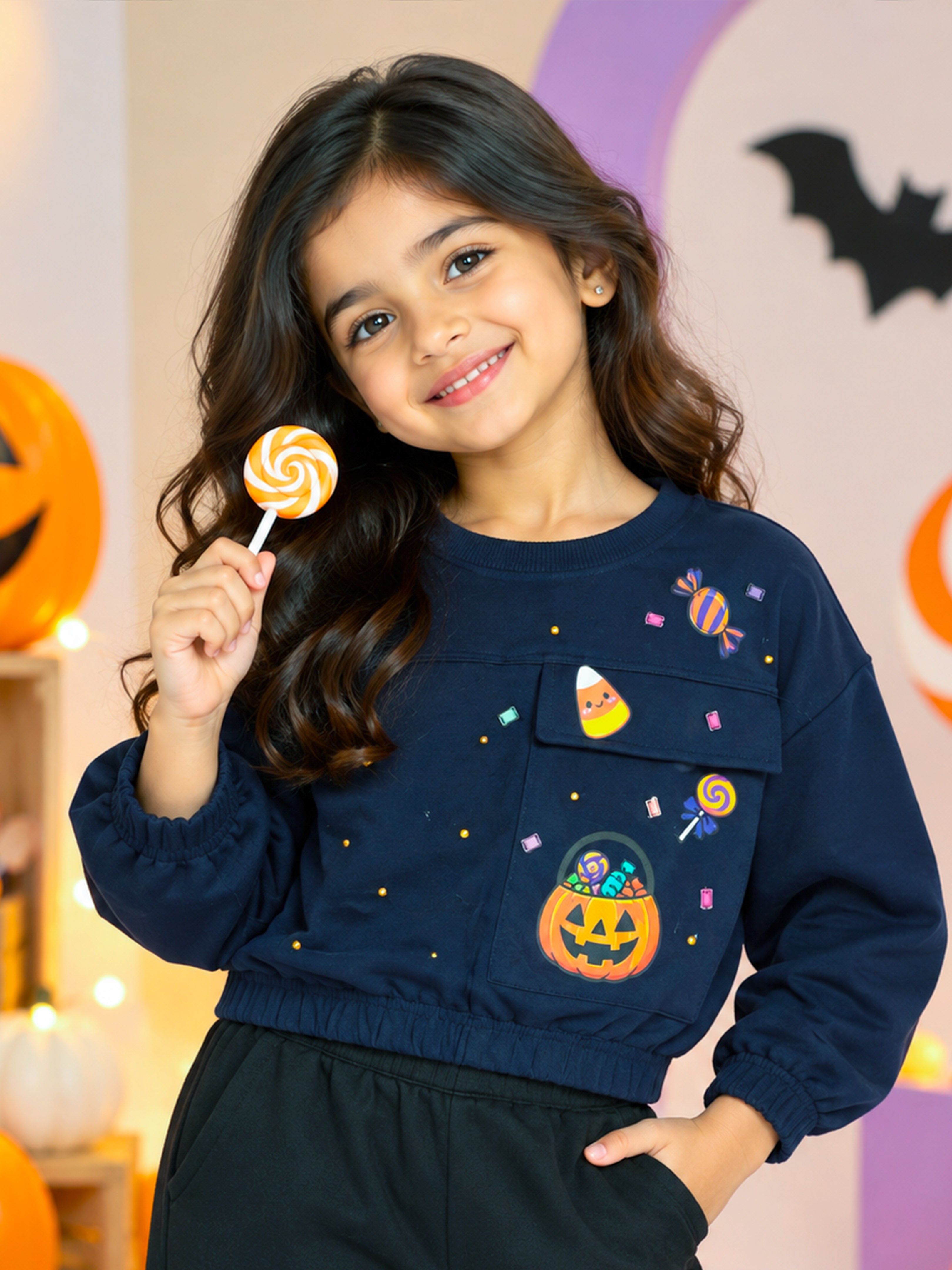 Kiddopanti Girls Fleece Monster Pop Halloween Graphic Crop Sweatshirt with Flap Pocket