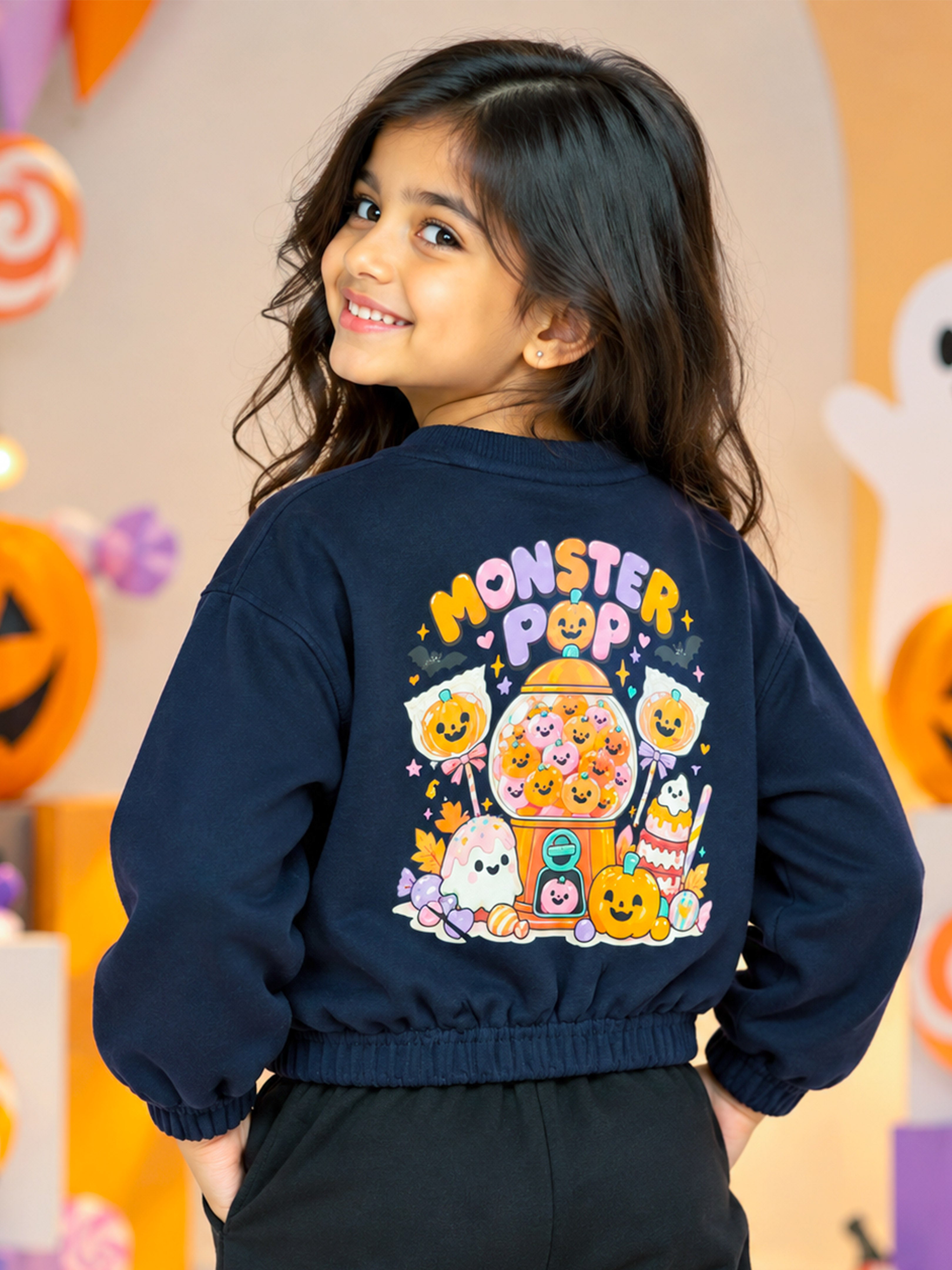 Kiddopanti Girls Fleece Monster Pop Halloween Graphic Crop Sweatshirt with Flap Pocket