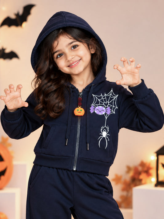Kiddopanti Girls Fleece Monster Pop Halloween Front & Back Graphic Zip Front Hooded Crop Length Sweatshirt