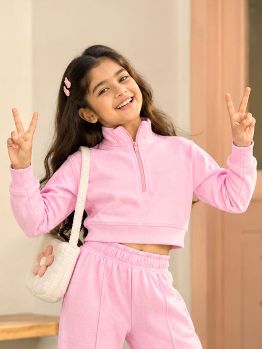 Kiddopanti Girls Cotton Loop Knit Fleece Half Zip Crop Length Sweatshirt