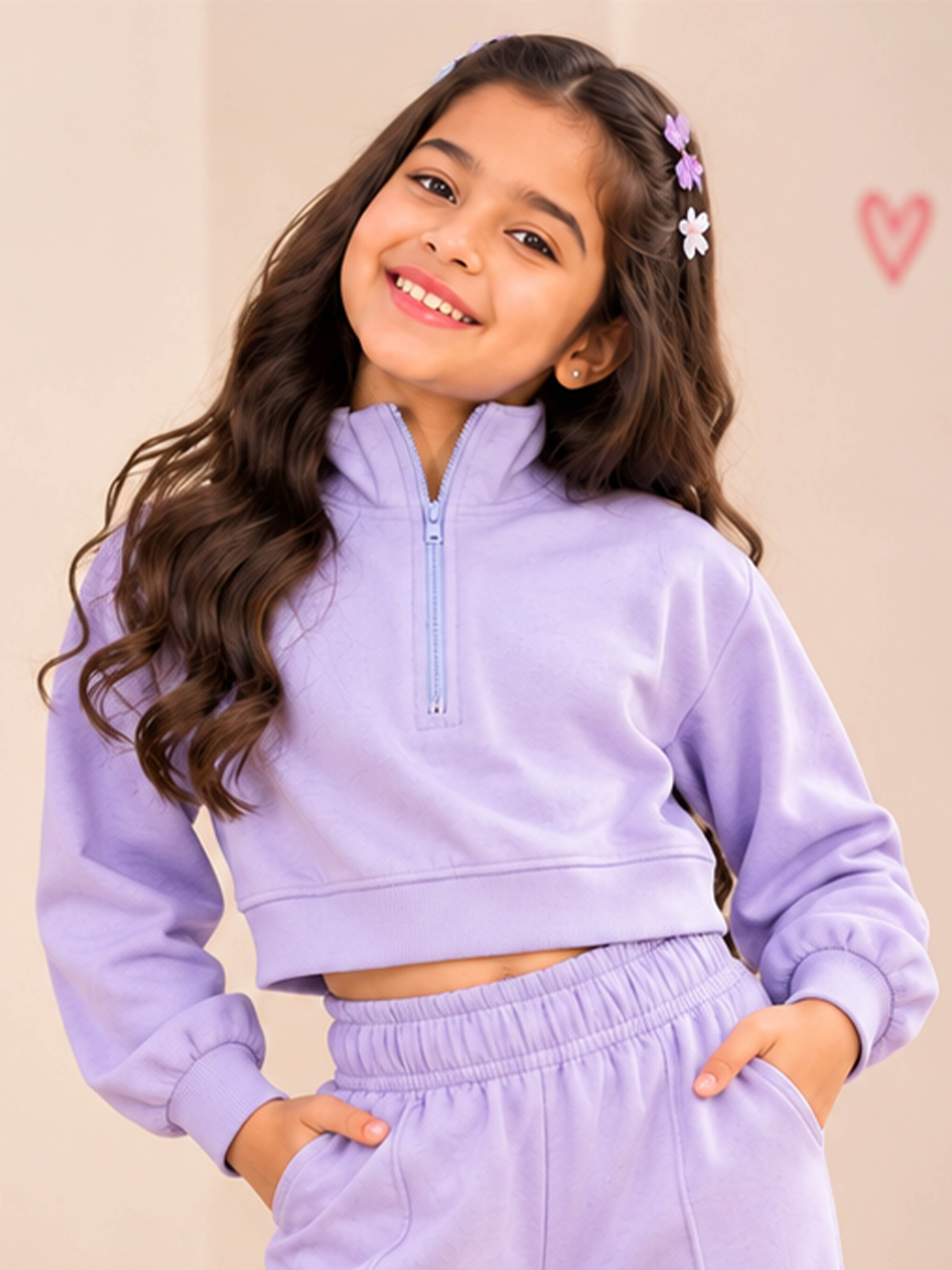 Kiddopanti Girls Cotton Blend Loop Knit Fleece Half Zip Crop Length Sweatshirt