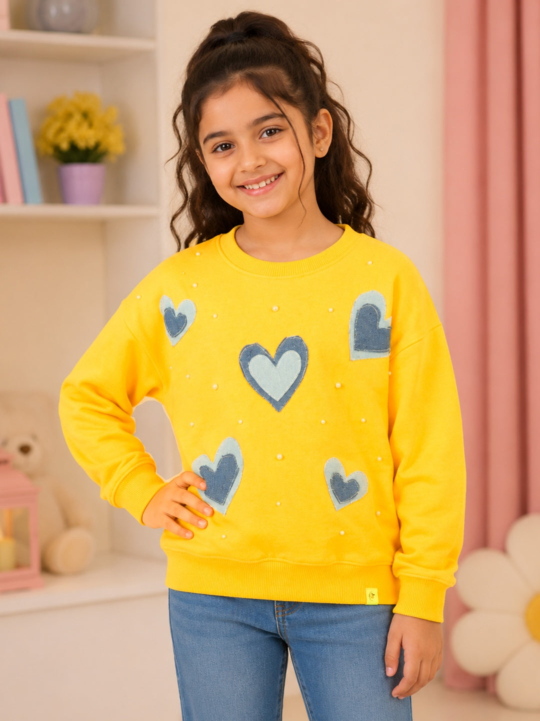 Kiddopanti Girls Fleece Round Neck Sweatshirt with Applique & Pearl Embellishment