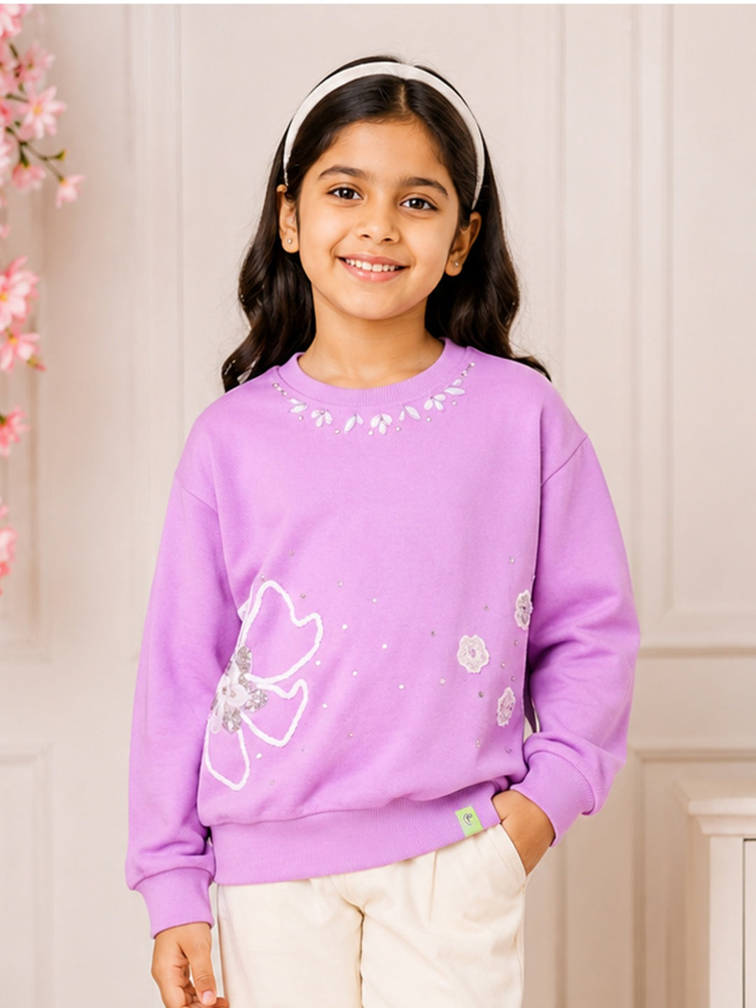 Kiddopanti Girls Fleece Round Neck Sweatshirt with Applique & Pearl Embellishment