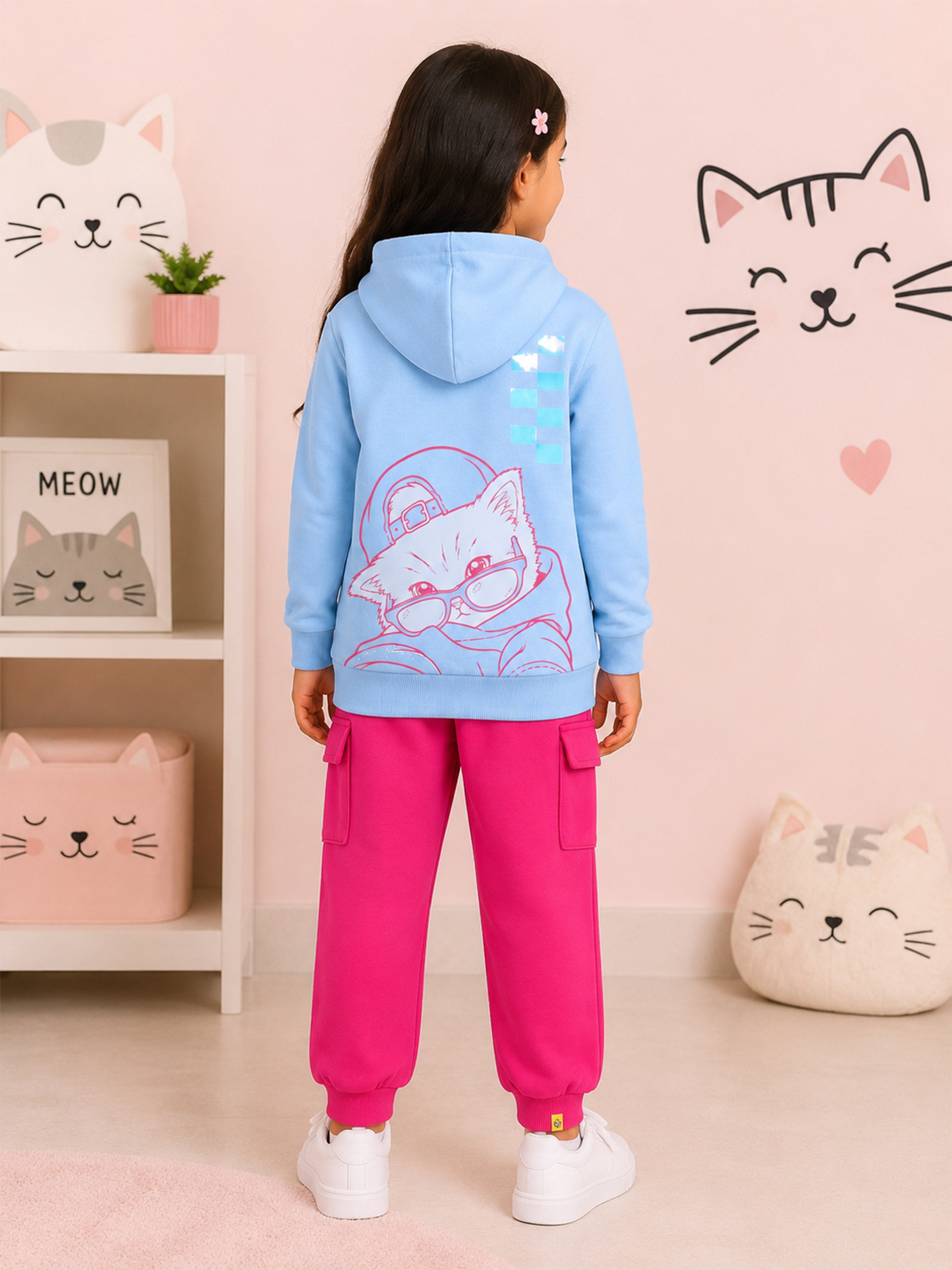 Kiddopanti Girls Cotton Fleece Cool Cat Back Graphic Zip Front Hooded Sweatshirt & Fleece Cargo Joggers Co-ord Set