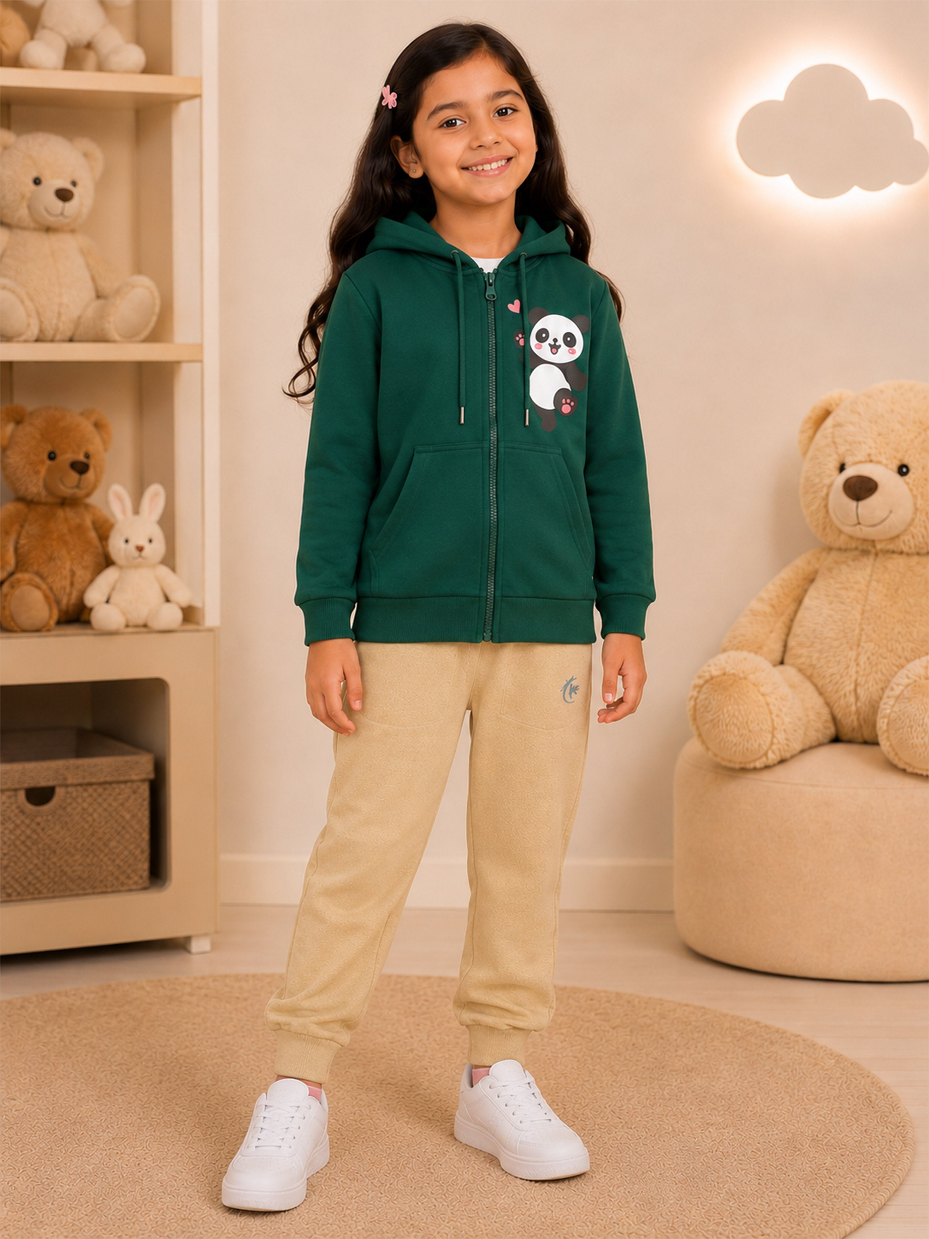 Kiddopanti Girls Cotton Fleece Zip Front Hooded Sweatshirt & Solid Fleece Track Pants Co-ord Set