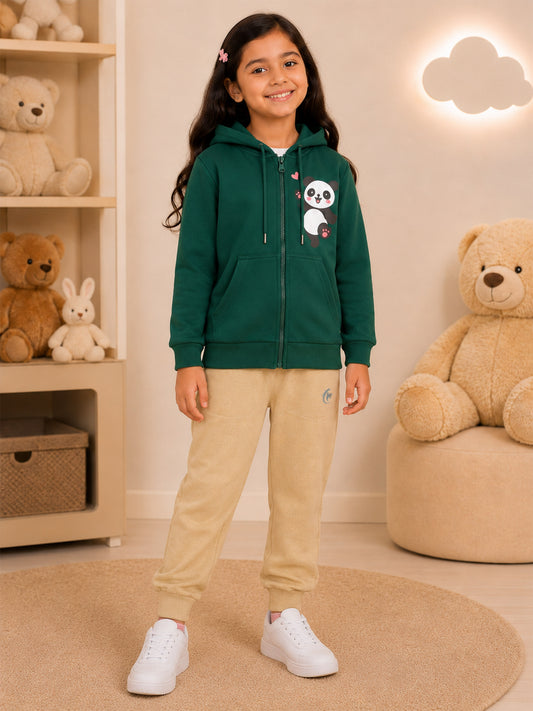 Kiddopanti Girls Cotton Fleece Zip Front Hooded Sweatshirt & Solid Fleece Track Pants Co-ord Set