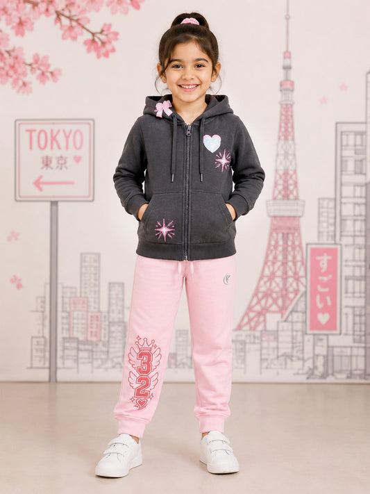 Kiddopanti Girls Cotton Fleece Printed Zip Front Hooded Sweatshirt & Graphic Fleece Track Pants Co-ord Set