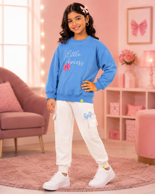 Kiddopanti Girls Fleece Graphic Printed Sweatshirt with Cargo Joggers Co-ord Set