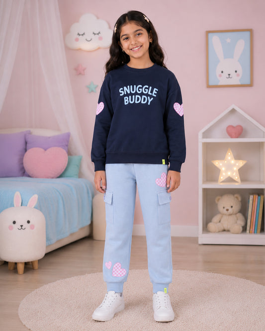 Kiddopanti Girls Fleece Graphic Printed Sweatshirt with Cargo Joggers Co-ord Set
