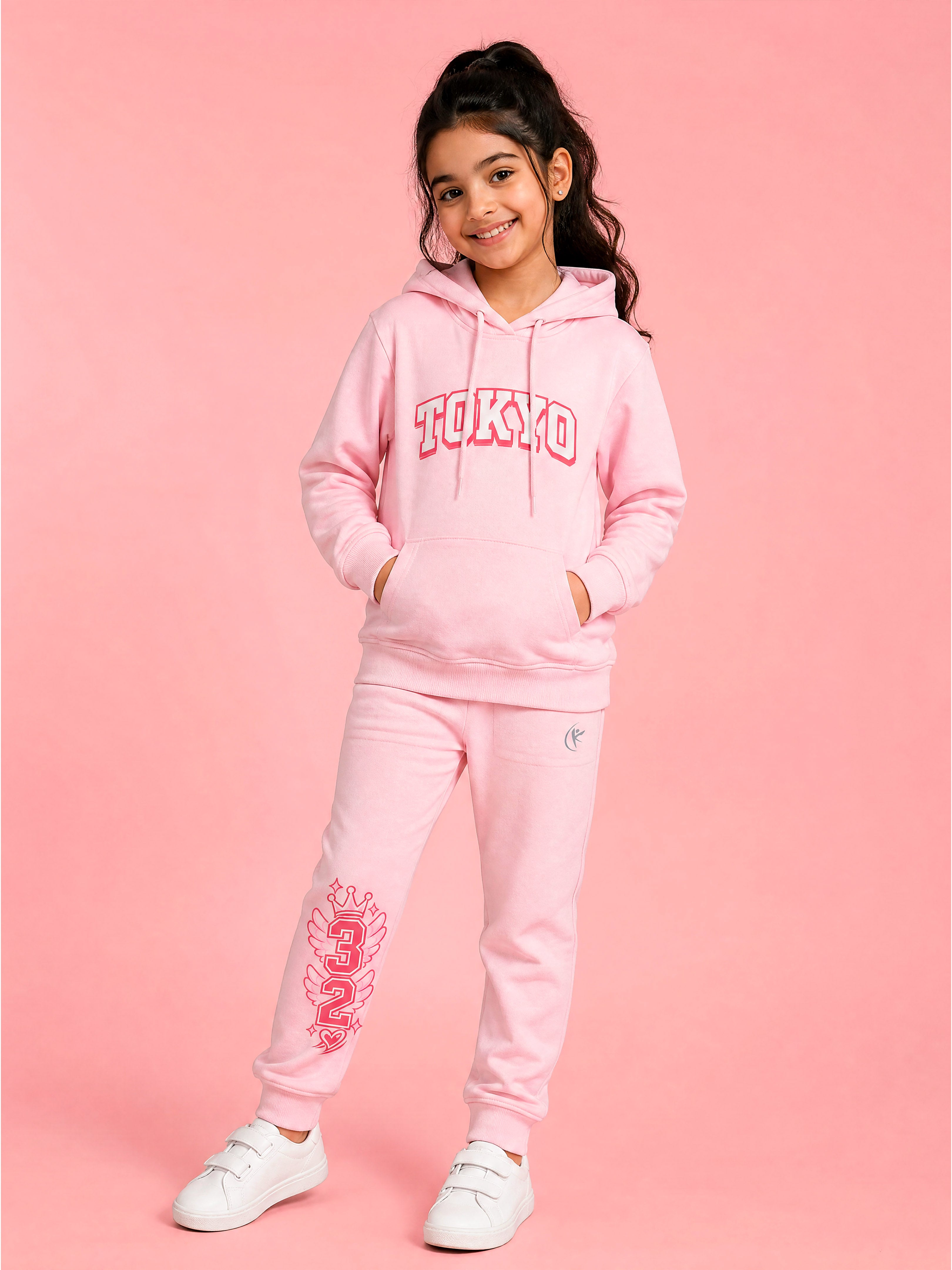 Kiddopanti Girls Cotton Blend Fleece Full Sleeves Hooded Sweatshirt & Graphic Printed Track Pants Set