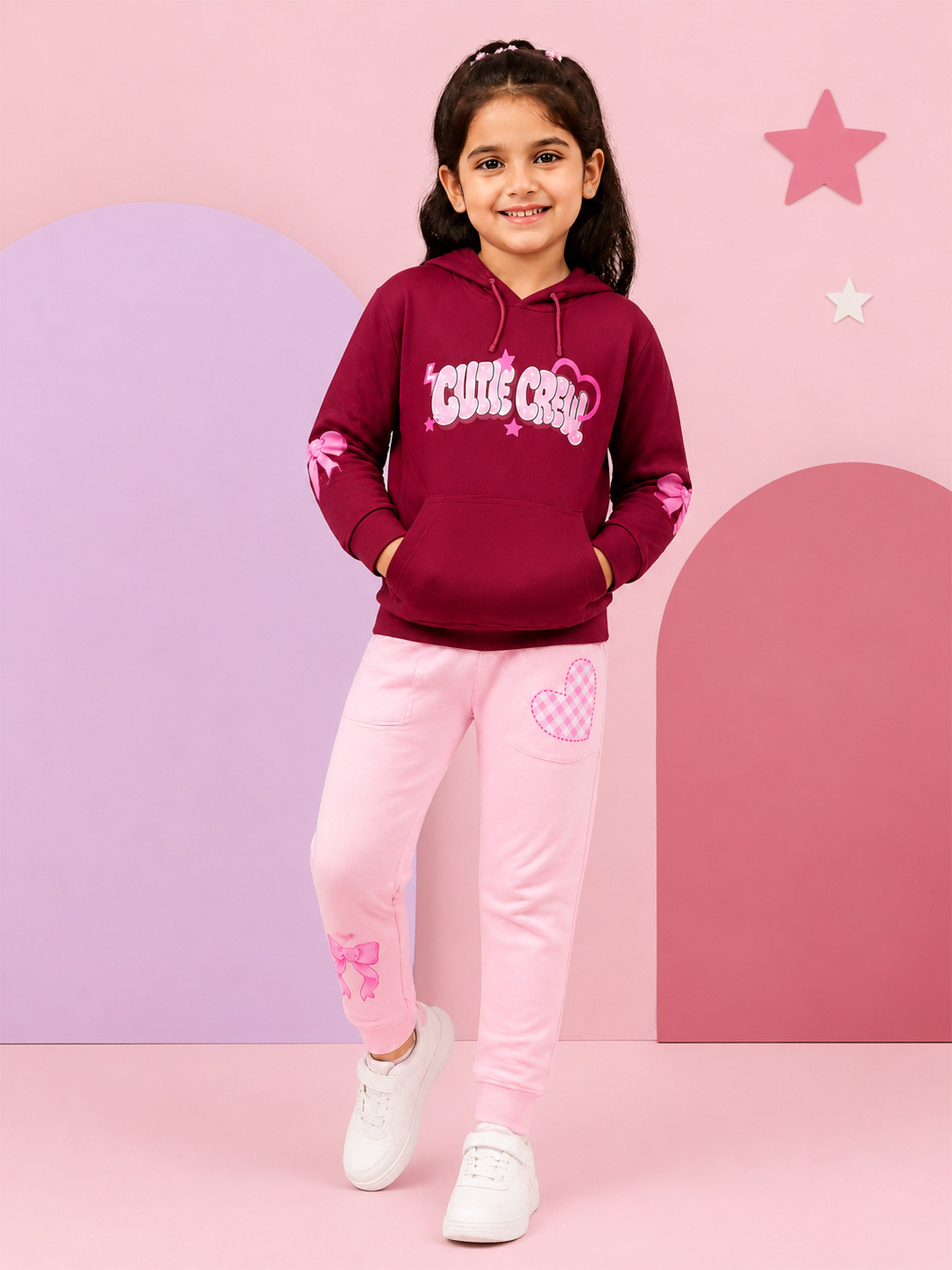 Kiddopanti Girls Cotton Blend Fleece Full Sleeves Hooded Sweatshirt & Graphic Printed Track Pants Set